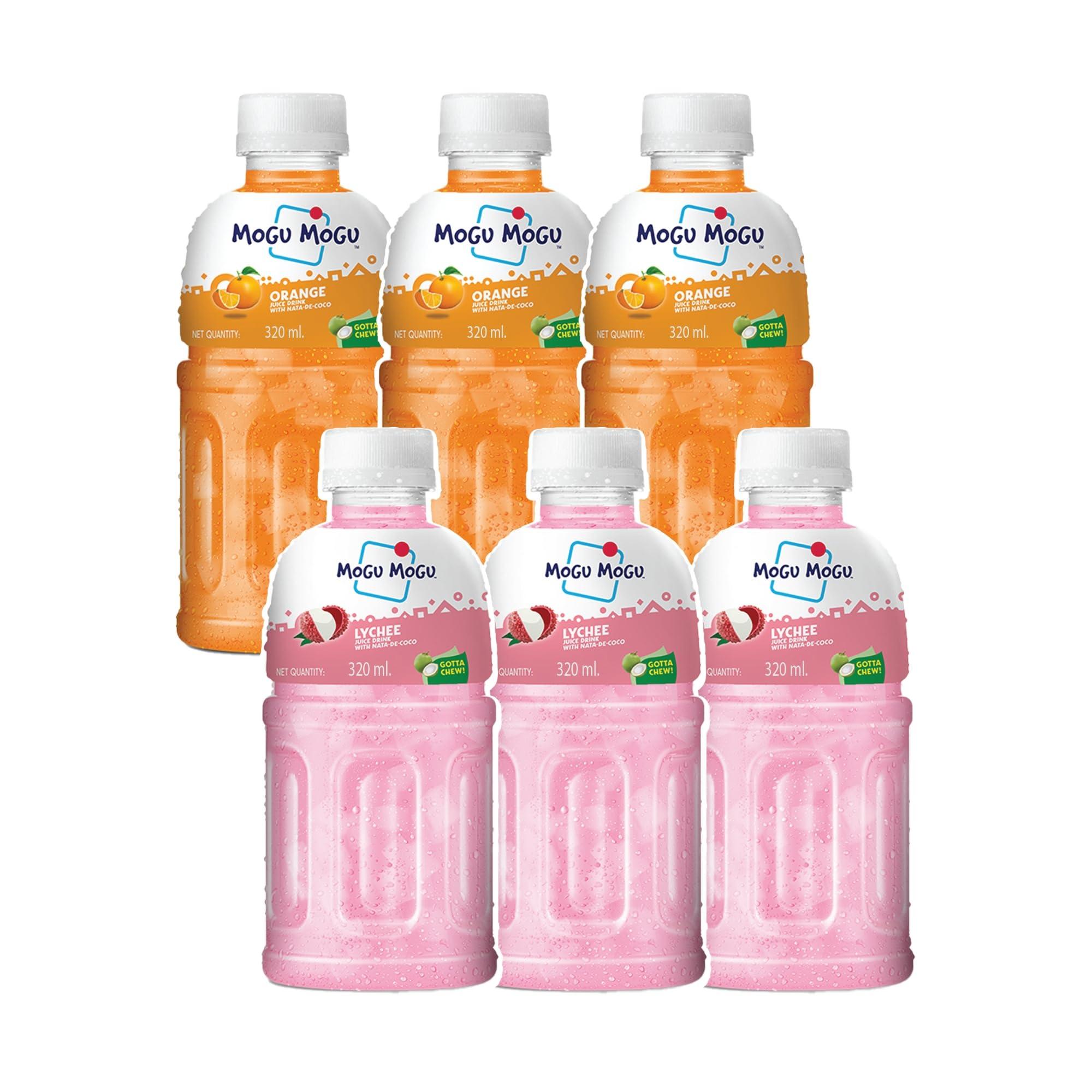 Mogu Mogu Mogu Mogu Orange and Lychee Juice 25% with NATA De Coco | Energy Booster Drink | Full of Fruit Fibres | No Added Preservatives and Colours - (Pack of 6, 300ml each)