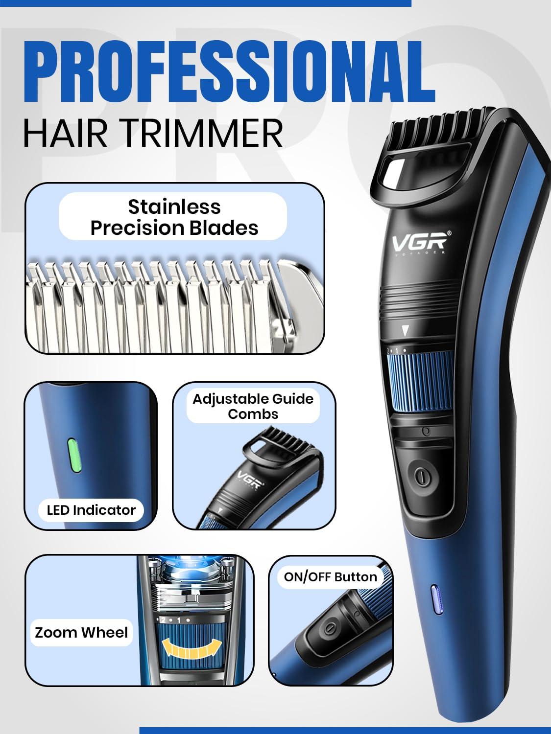 VGR VGR V-052 Professional Hair Trimmer for men  Adjustable Length Settings (0.5-10mm), USB Rechargeable, Cord/Cordless Operation, Washable Head, Includes Guide Comb & Cleaning Accessories (Blue)