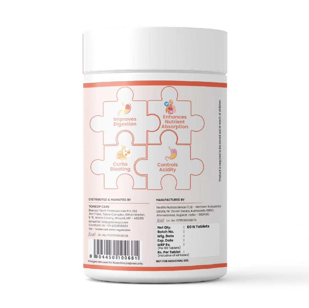 ToneOp Care ToneOp Care Digest 360 - Improves Digestion & Relief From Bloating | Helps in Reducing Acidity | With a Powerful Blend of 12 Enzymes | For Complete Digestive Care | 60 Tablets