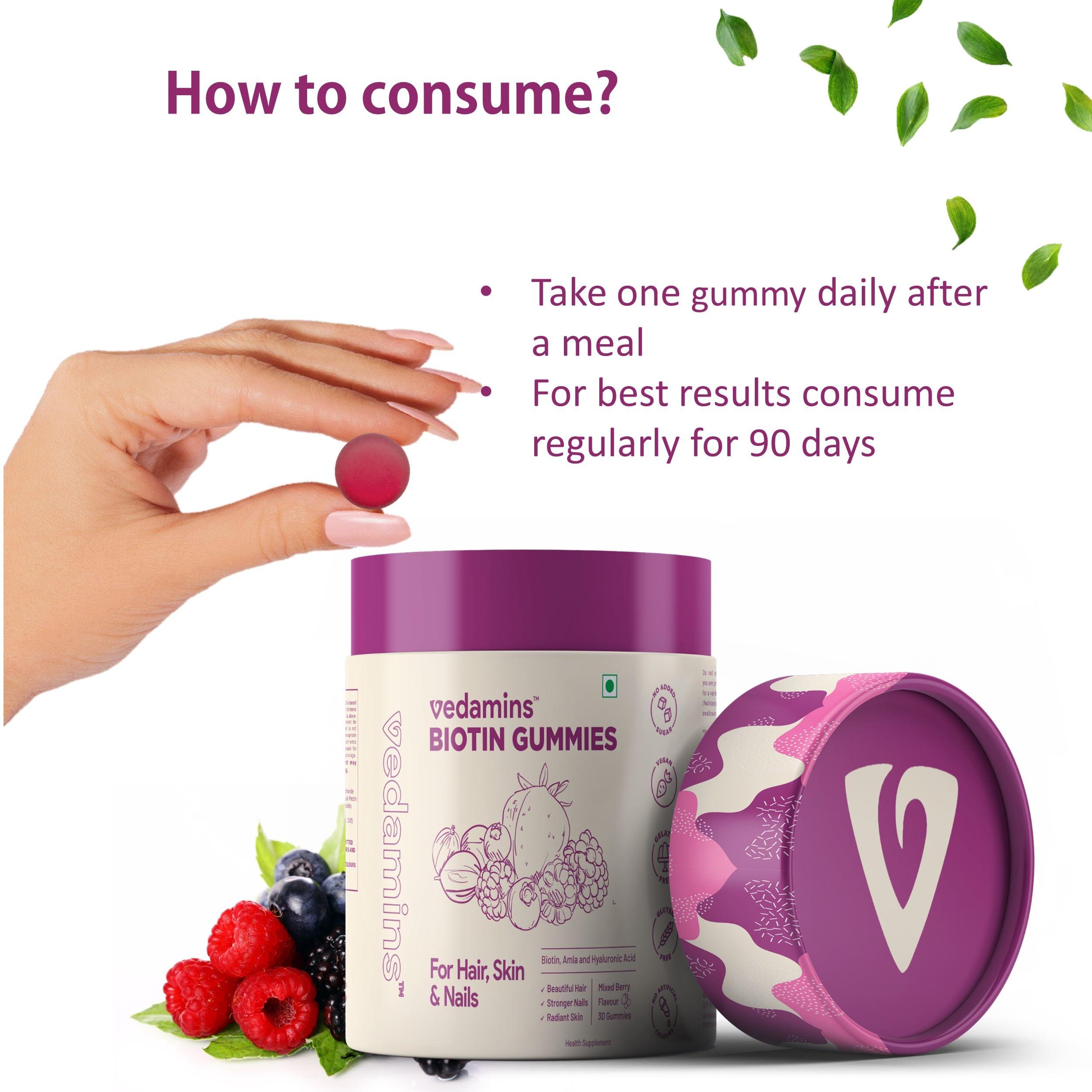 Vedamins Vedamins Biotin Gummies for Hair, Skin & Nails I No Added Sugar I Hair gummies for Women & Men I Biotin Gummies for Hair Growth, Reduced Hairfall, Glowing Skin, & Stronger Nails I 60 Day Pack