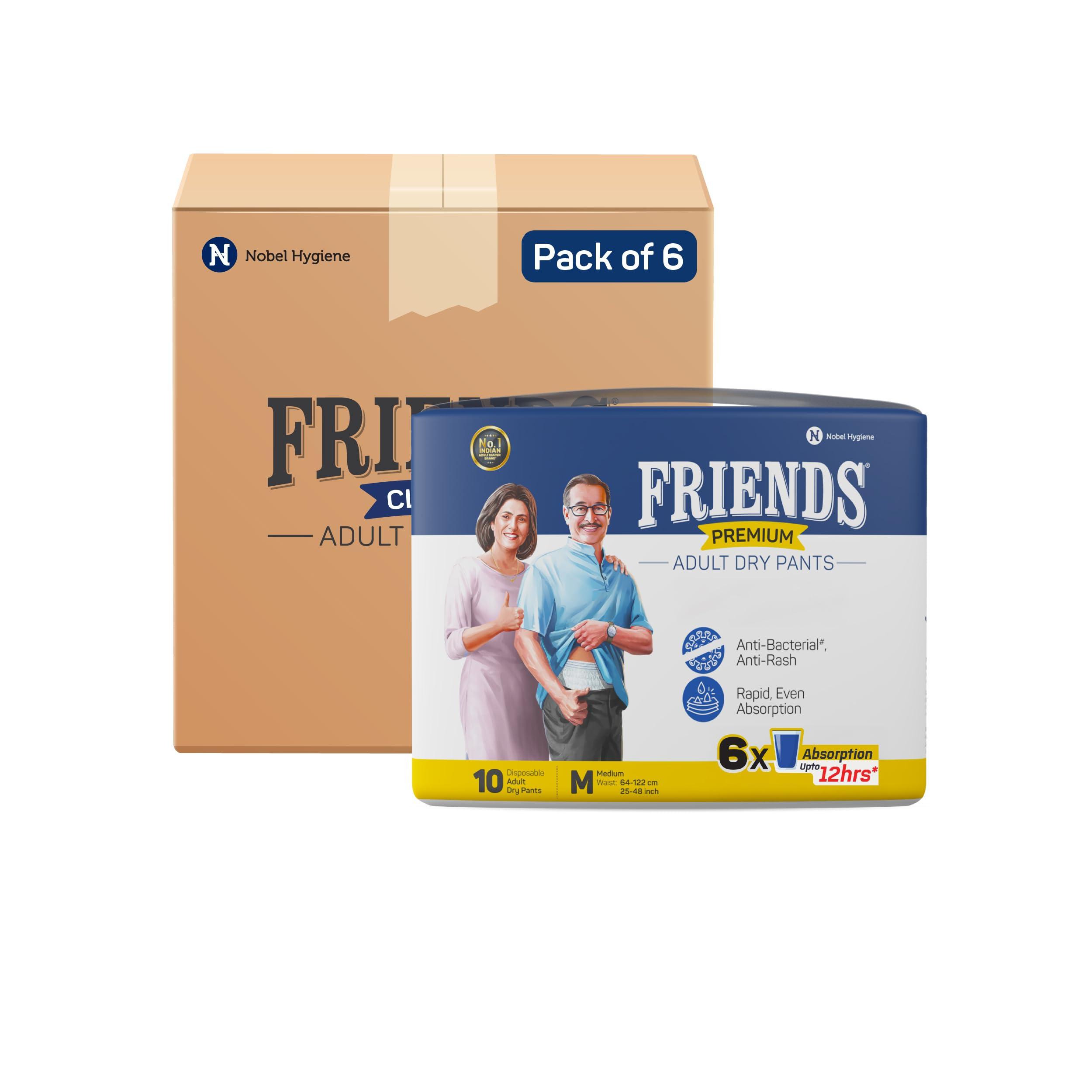 Friends Friends Premium Adult Diapers Pants Style - 60 Count (Medium) with odour lock, Unisex, Leakproof, Elastic Waist and Anti-Bacterial Absorbent Core - Waist Size 25-48 inch; 63.5-122 cm