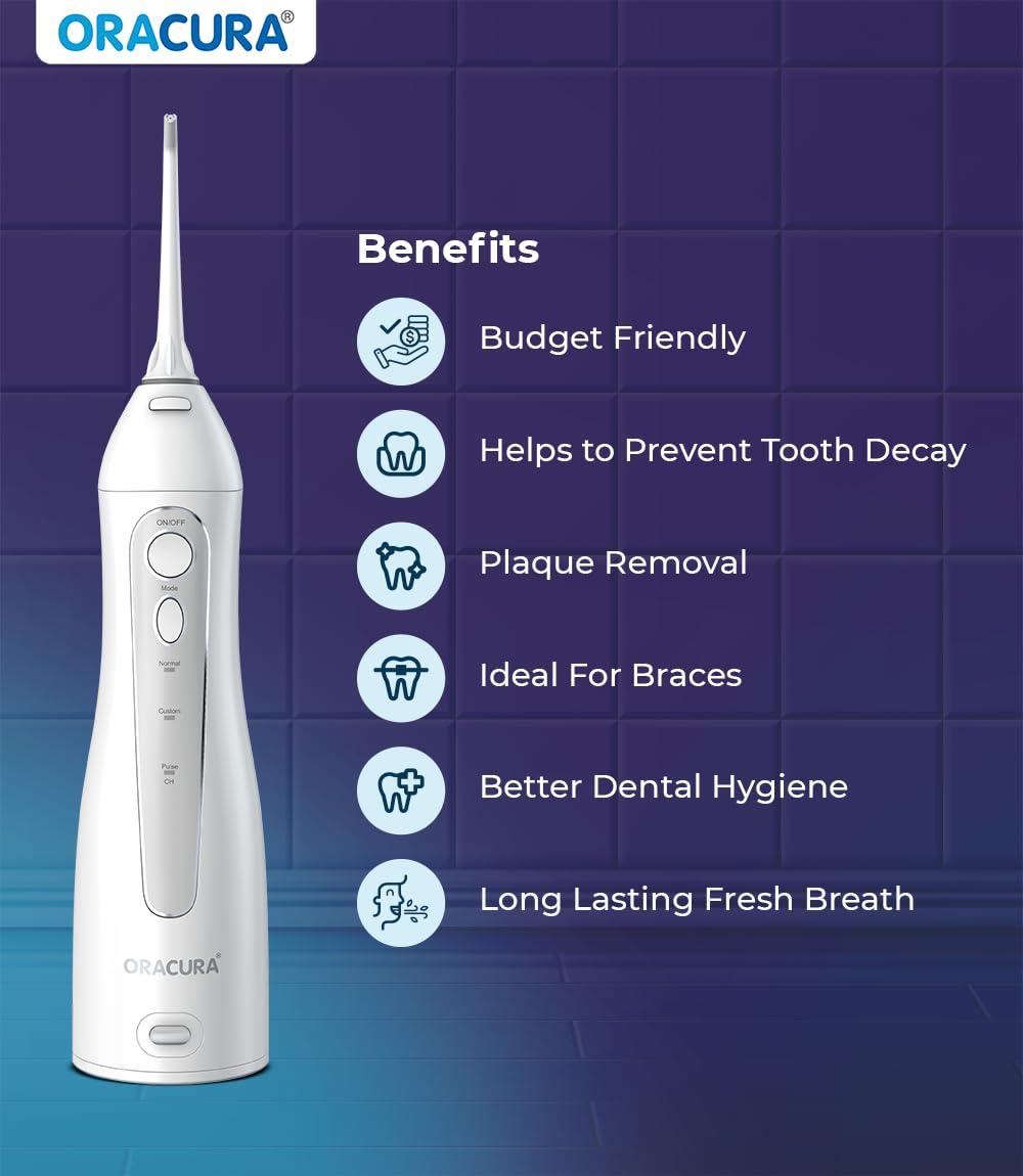 ORACURA ORACURA Smart Water Flosser OC150 LITE with 150ml water tank capacity White | Portable & Rechargeable | IPX7 Waterproof | 3 Modes | Flossing at Home and Travel | 365 Days Warranty