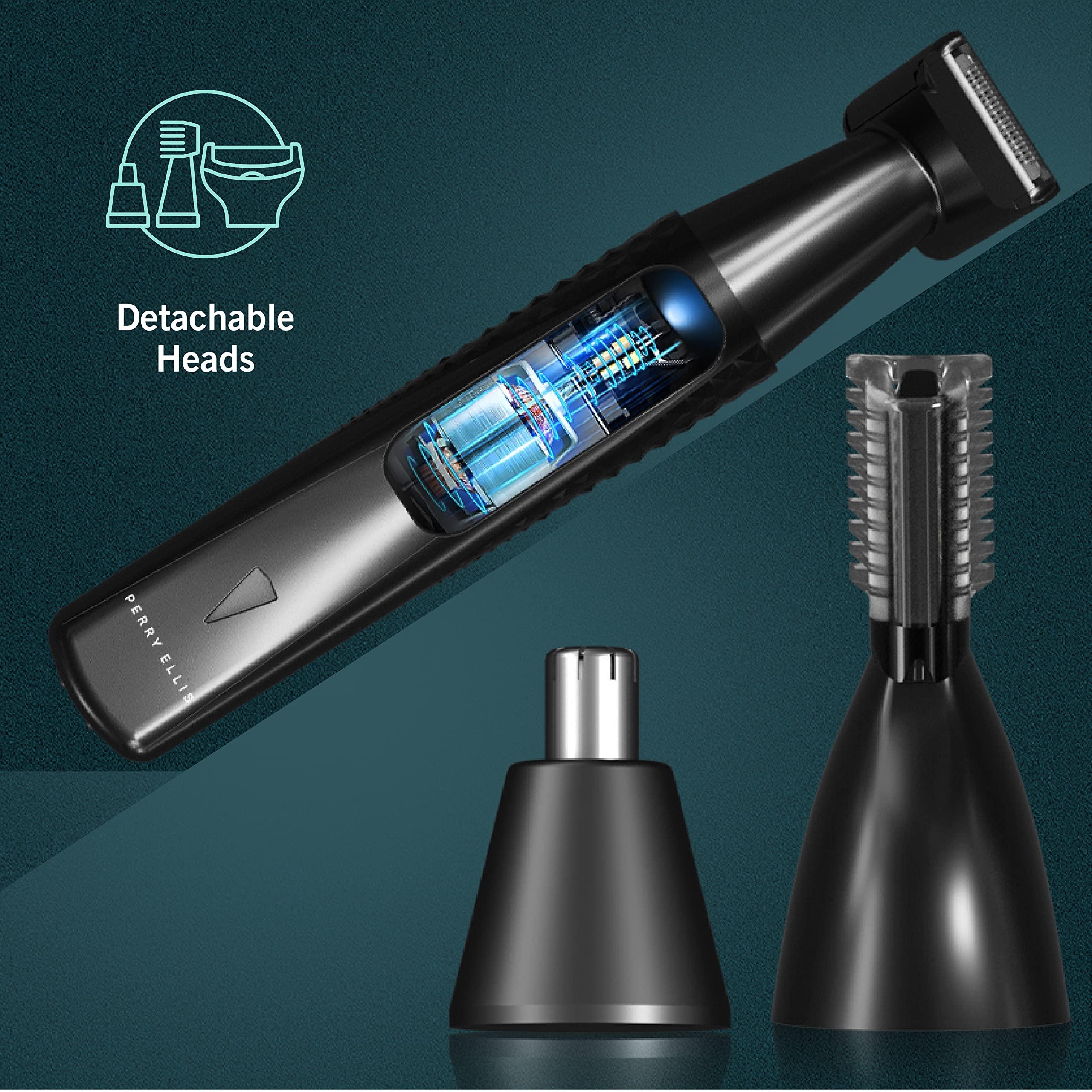 Perry Ellis Perry Ellis Rechargeable Ear and Nose Hair Trimmer for Men, 3 Detachable Heads for Sideburn, Eyebrow, Nose, Ear, Beard Trimmer for Men, Mens Grooming Kit, Detailer, Eye Brow Trimmer for Men