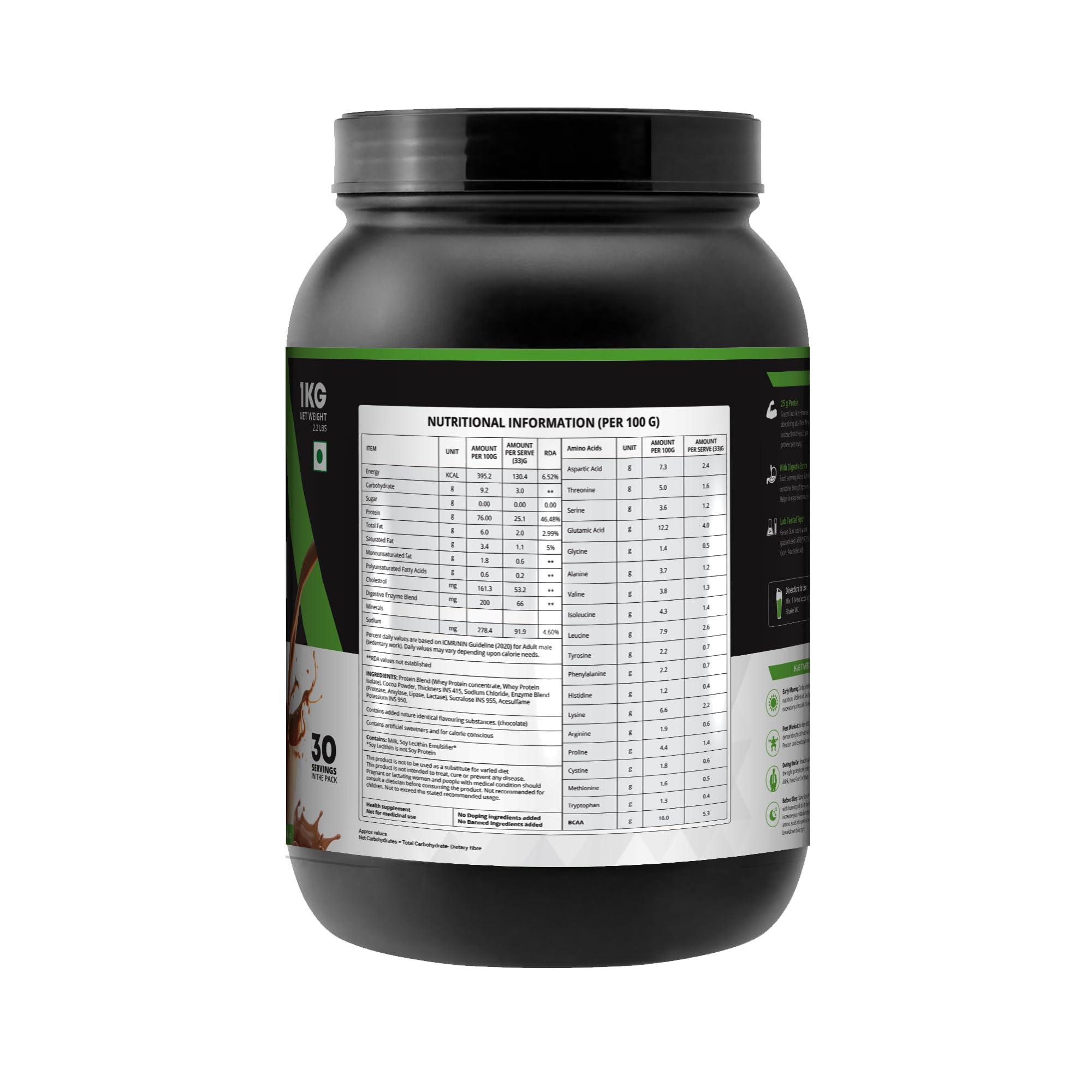 Green Sun Green Sun 100% Whey Protein Powder 1Kg (Chocolate Flavor) | Imported Whey | Gold Standard | Added Digestive Enzymes | Enriched with BCAA | Healthy | Diet Friendly | Pack of 1 Without Shaker