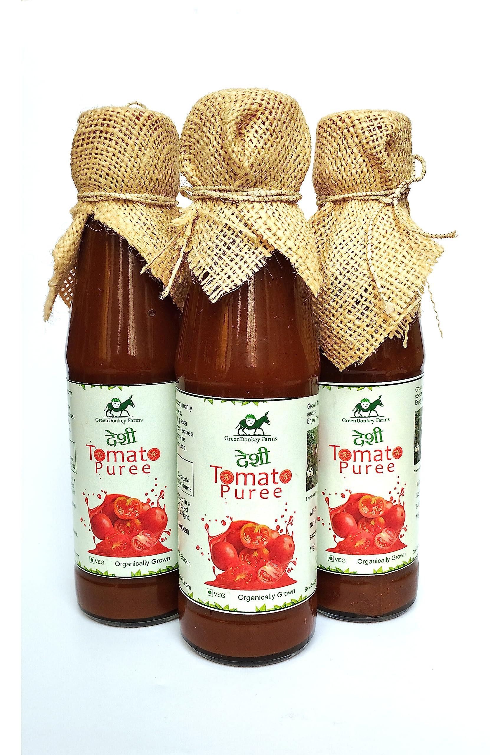 GreenDonkey Farms GreenDonkey Farms Desi Tomato Puree, 600g. Three bottles of tomato puree 200g each.