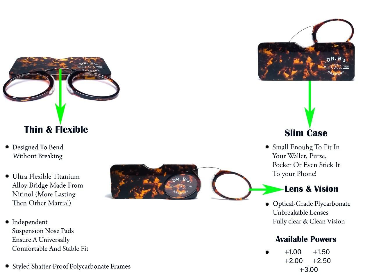 DR. B\'s Readers DR. B\'s Readers Nose Clip Reading Glasses | Universal Pod Case for Men & Women | Reduce Eye Strain & Fatigue | Lightweight Clear & Scratch Resistant Presbyopic Eyeglasses Reader(Tortoise shell +1.00)