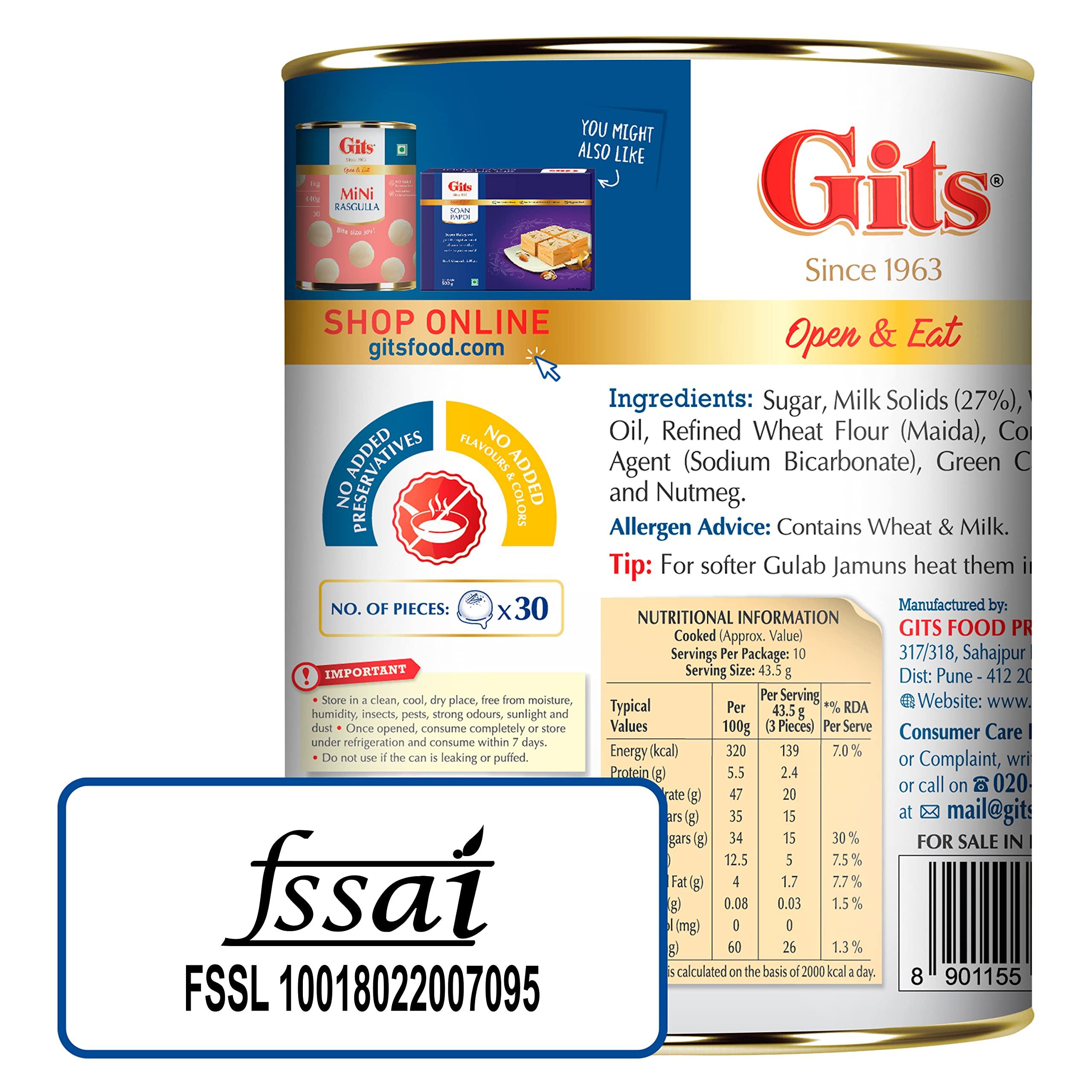 Gits Gits Open & Eat Mini Gulab Jamun, 30 Pieces Per Can, Mouth-Watering Indian Mithai, 2Kg (Pack of 2 x 1Kg Each)