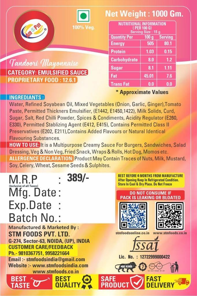 Am 2 Pm Am 2 Pm - Tandoori Mayonnaise 1kg Multipurpose Creamy Sauce For Burgers, Sandwiches Salad Dressing, Fresh Veg Non Veg Fried Snack Wraps & Rolls Hot Dog Momos