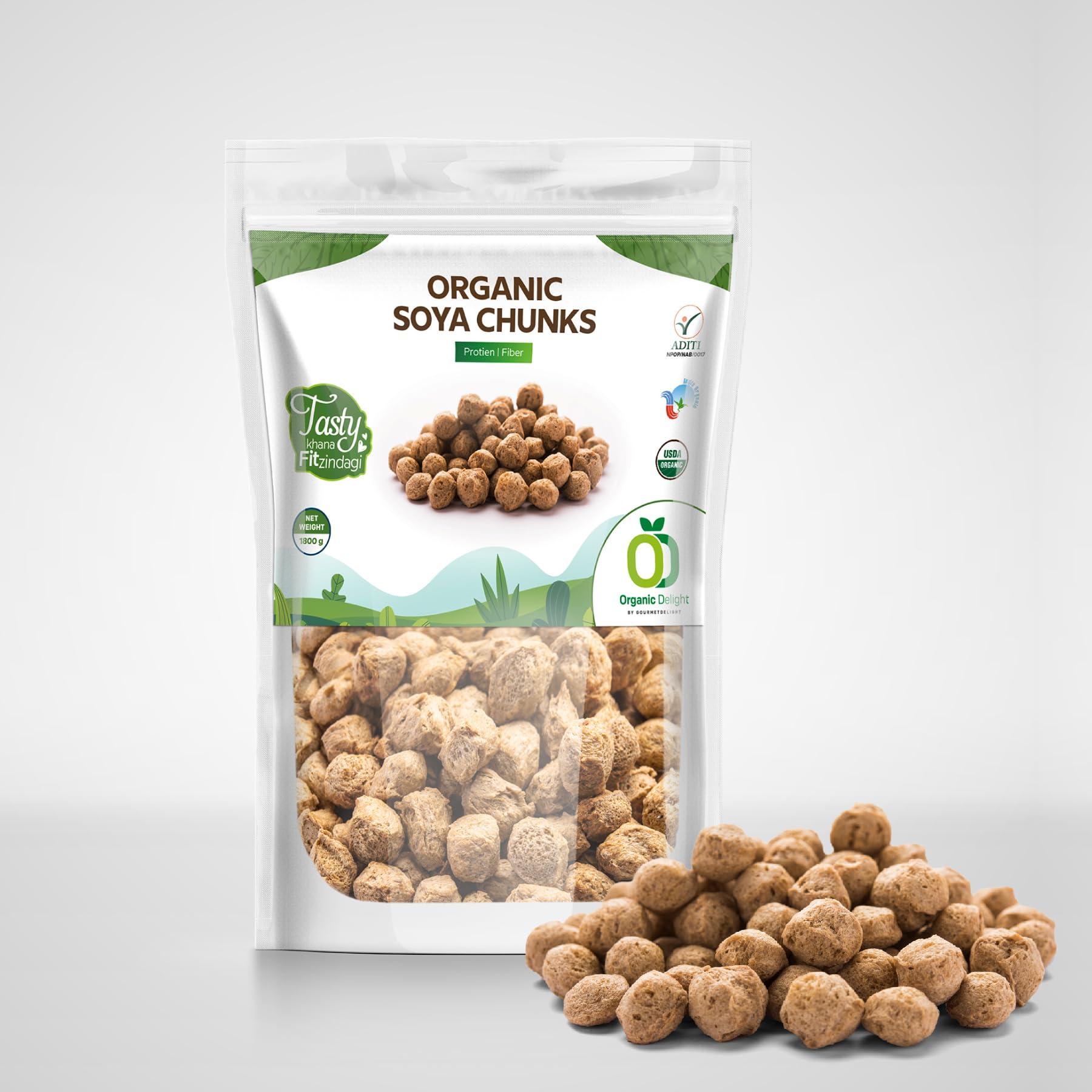 Organic Delight Organic Soya Chunks Big 1800gm By Organic Delight USDA Certified Healthy & Tasty Soya Bean Chunks With Natural High Protein Source Of Dietary High Fiber Fresh Soya Wadi 1800 gm