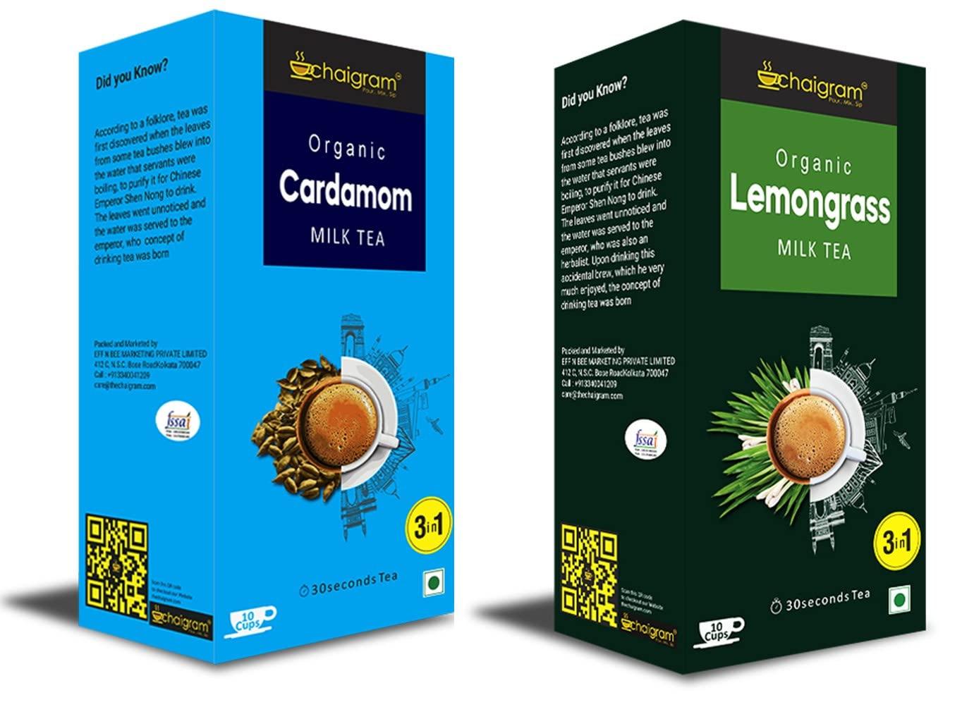 CHAIGRAM CHAIGRAM Cardamom Tea & Lemongrass Tea Instant Tea Premix (10 Sachets each pack, 10 x 14g =140g) Pack of 2