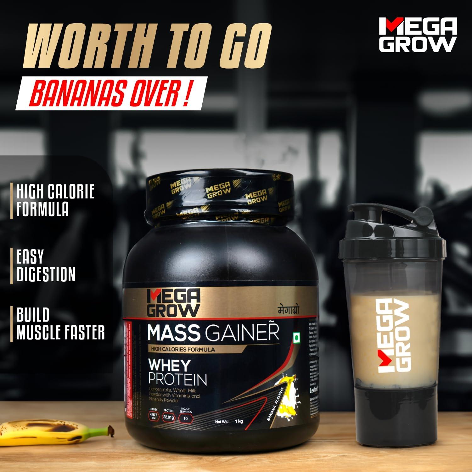 MEGAGROW Megagrow Mass Gainer 1kg Banana Flavor High Calorie Whey Protein Powder for Muscle Growth & Muscle Buidling Pre/Post Workout Supplement for Men & Women - Total 10 Servings