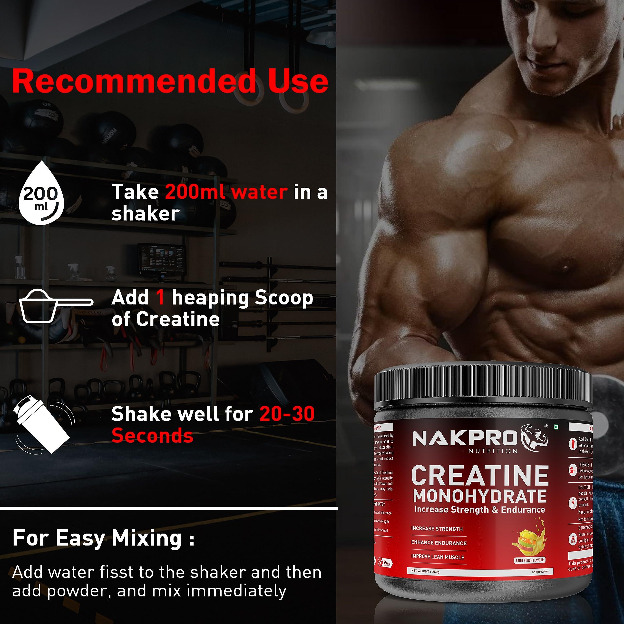 NAKPRO NAKPRO Micronised Creatine Monohydrate Powder 250g Jar, Fruit Punch | 3g Creatine/Serving | Trustified Certified | Rapid Absorption Pre/Post Workout Supplement for Muscle Repair & Recovery