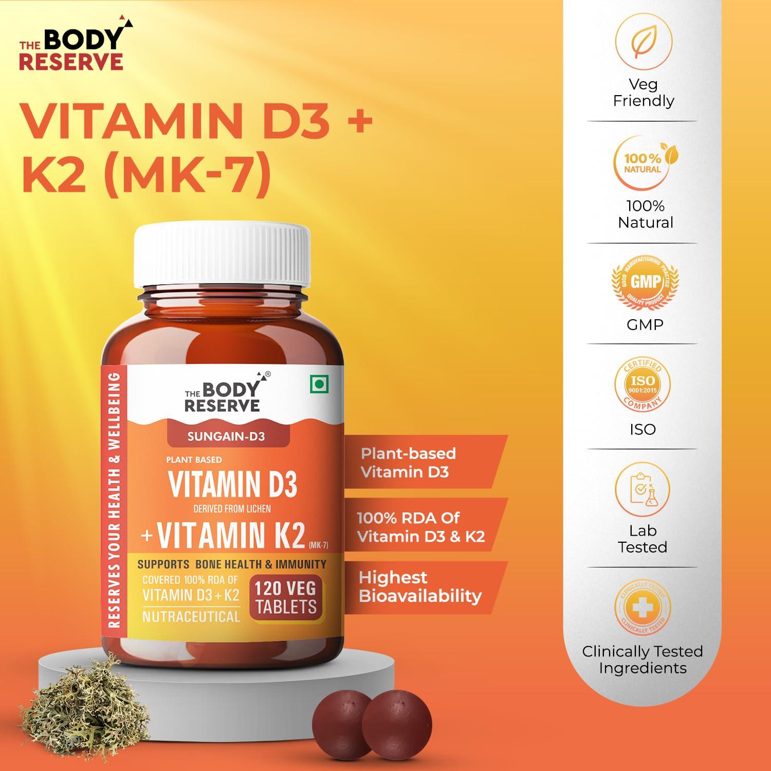 The Body Reserve \"\"\"The Body Reserve Vitamin D3 K2 MK7-120 Veg Tablets, 100% RDA Plant-Based Vitamin D3 Supplement from Lichen Source with Vitamin K2 as MK7 Menaquinone, Pack of 3\"\"\"
