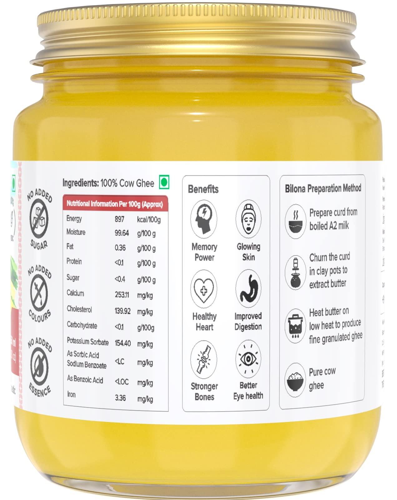 Farm Naturelle Farm Naturelle A2 Pure Gir Cow Ghee 500ml + 50ml Extra In Glass Bottle | Extra Wooden Spoon | 100% Desi Gir Cow Ghee | Vedic Bilona Method-Curd Churned-Golden | Lab Tested Grainy & Aromatic, Keto Friendly | Non-GMO Grassfed, Premium & Traditional Ghe