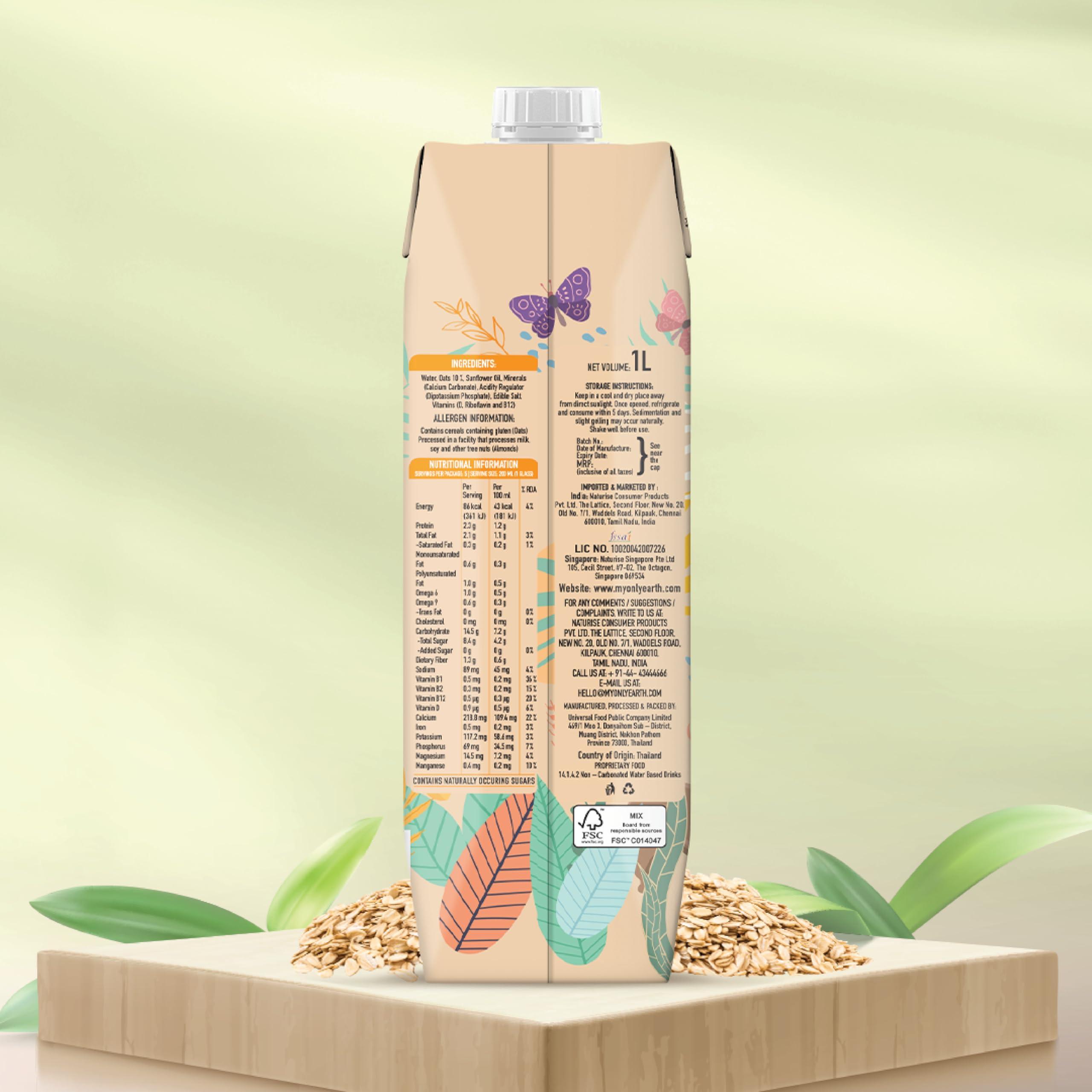 Only Earth Only Earth Oats Beverage| Unsweetened Drink | Lactose Free | Preservatives Free | Plant Based | Dairy Alternative | Source of Calcium | Source of Vitamin B1, B2 & B12 1 Litre (Pack of 2)