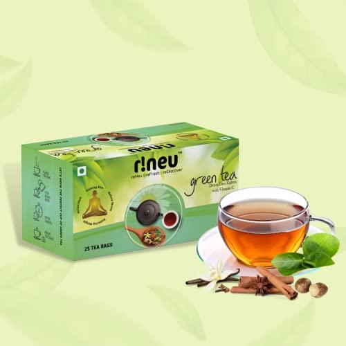 r!neu r!neu Green Tea | Detox Desi Kahwa + Honey & Lemon + Mint Ginger & Lemon | Added Vitamin C | 25 Tea Bags Each | Pack of 3