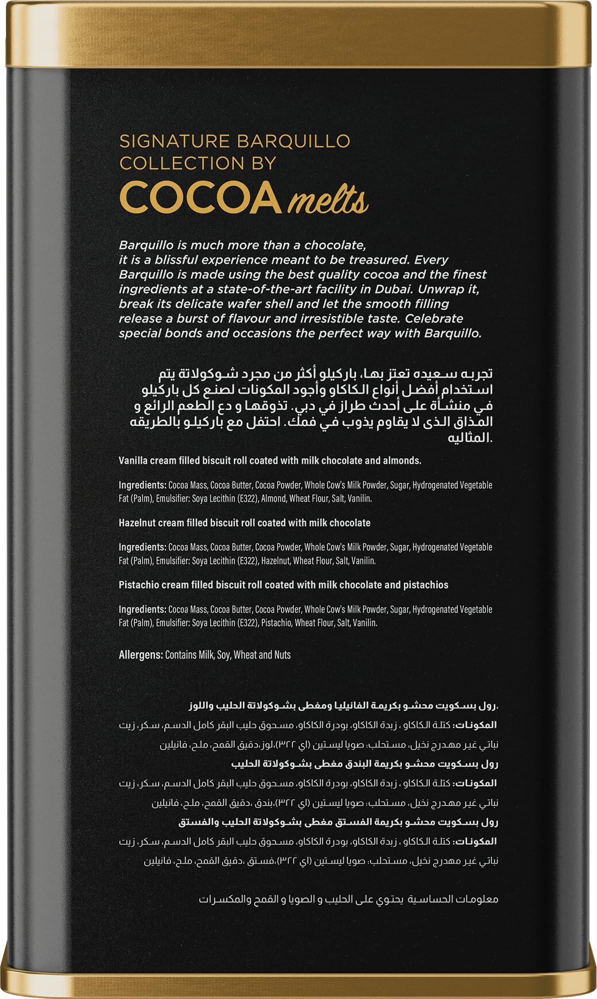 BARQUILLO Barquillo Assorted Premium Chocolate Tin Pack - 10 Pcs (200 gm) | Roasted Almonds, Hazelnut and Pistachio imported | Dubai couverture taste | Raksha bandhan Gift Celebration Independence special