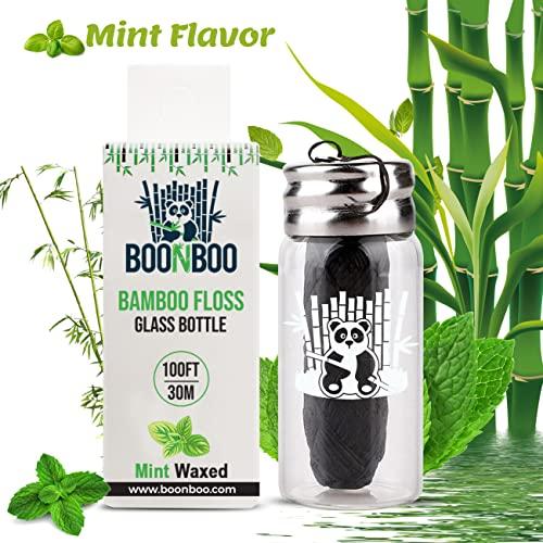 Synergy Products Boonboo Dental Floss | 33 yards/30m Bamboo Fiber With Activated Charcoal | Glass Bottle & Cutting Lid | Candelilla Wax & Mint Flavor | Biodegradable & Sustainable | Plastic- Free