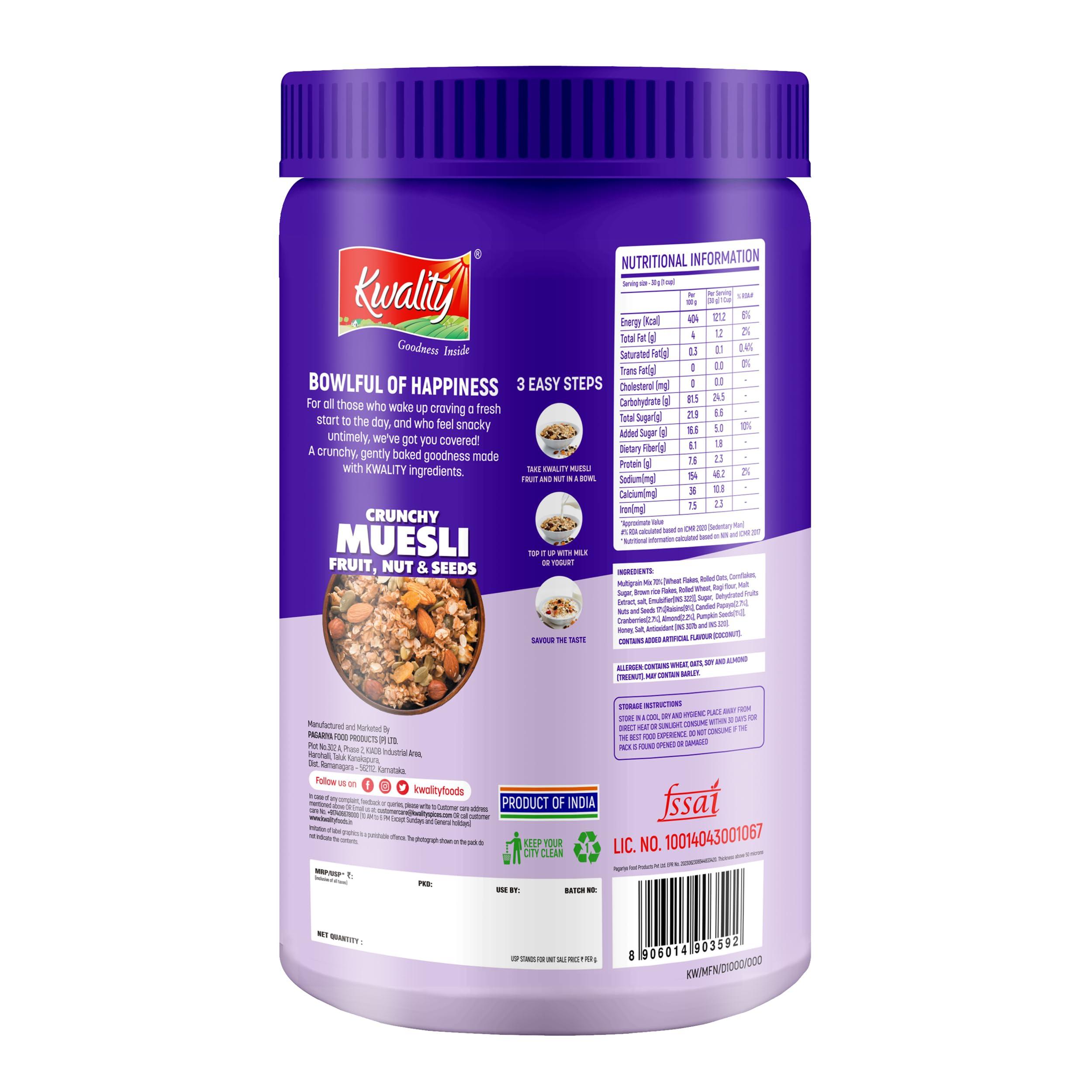KWALITY Kwality Muesli Combo 2kg Jar | Almond, Raisins & Honey 1kg + Fruit & Nut 1kg | 76% Multi Grains | Natural Source of Vitamin & Iron | High in Protein & Fiber | Healthy Food & Breakfast Cereal