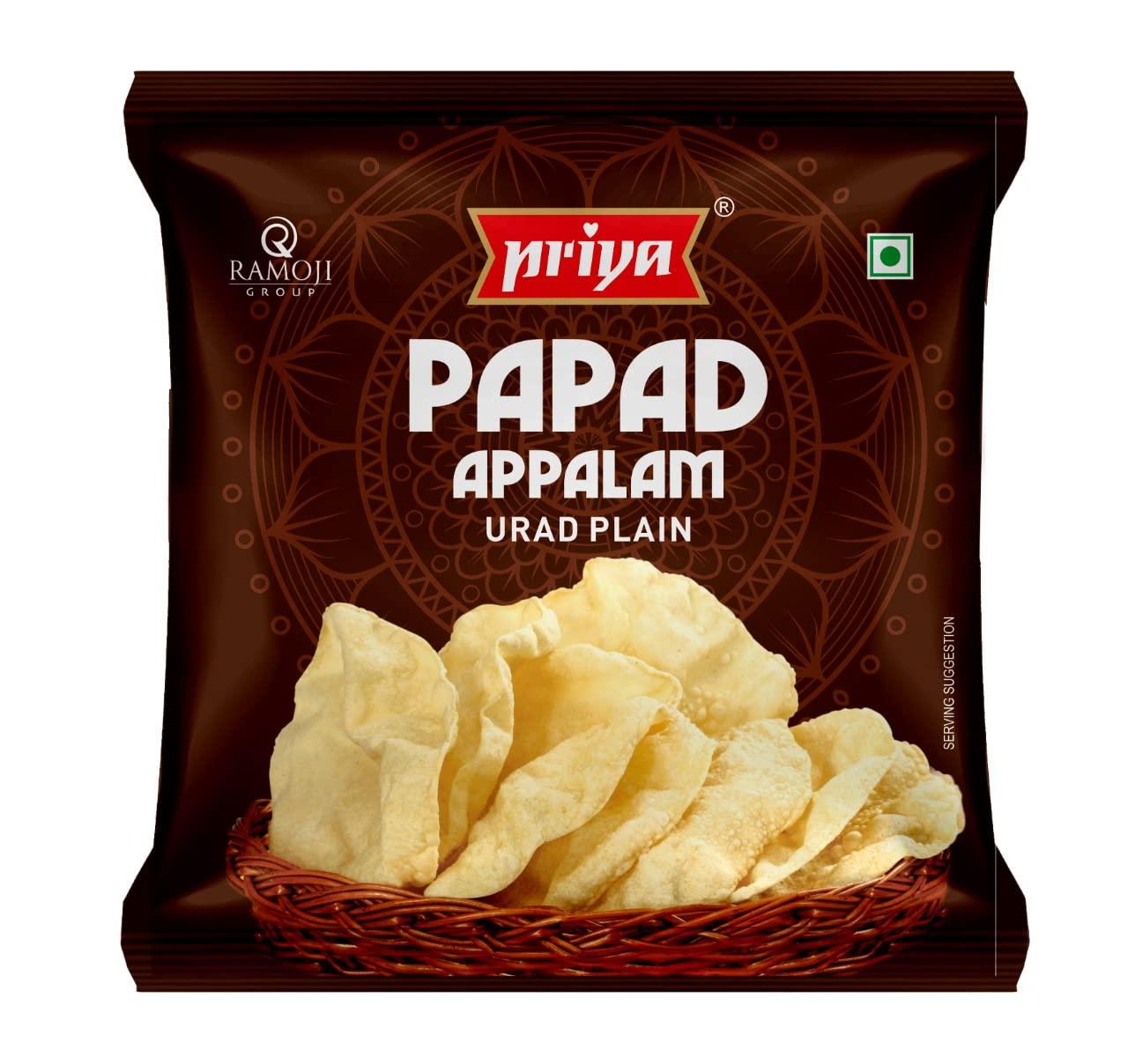 Priya Priya Urad Dal Papad - Plain, 100g (Pack of 4) - I Four Inch Papad I Handmade Urad Dal Appalam