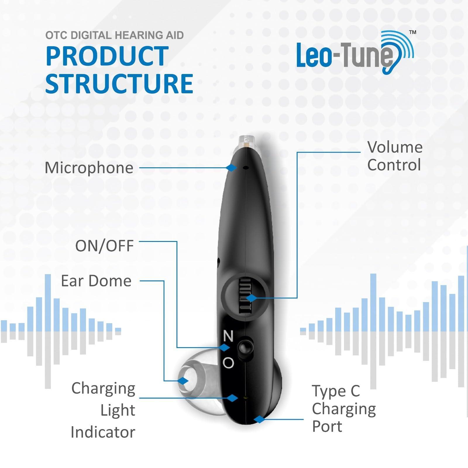LEO-TUNE Leo-Tune OTC 12 Channel Rechargeable Hearing Aids (Not Amplifiers) Adjustable Volume Control Wheel, Right or Left Ear Compatible multi-channels noise reduction, more natural sound experience with 1 year warrenty (Black)