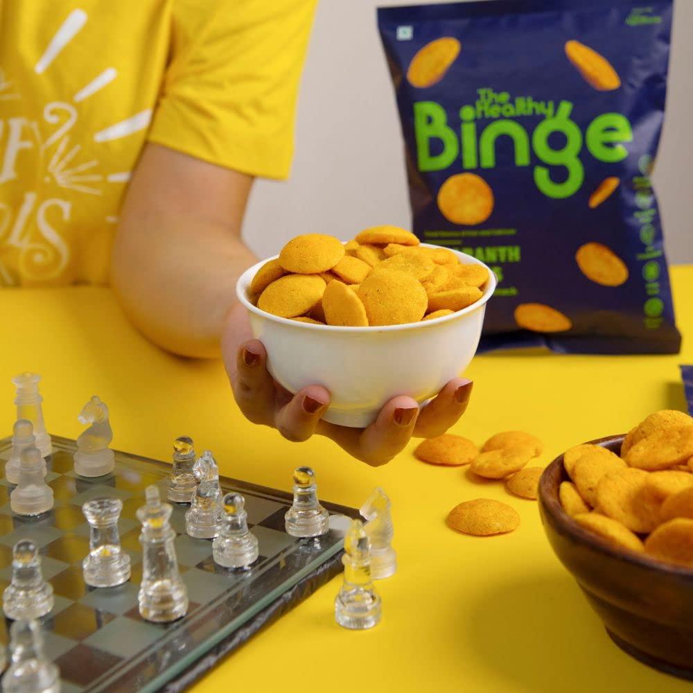 The Healthy Binge The Healthy Binge Amaranth Baked Chips Snacks for Adults and Kids| Healthy snacks for kids and adults | Classic Cheese Flavour | Protein | Gluten Free | 0% Cholesterol | Pack of 9 (40 Gm X 9)
