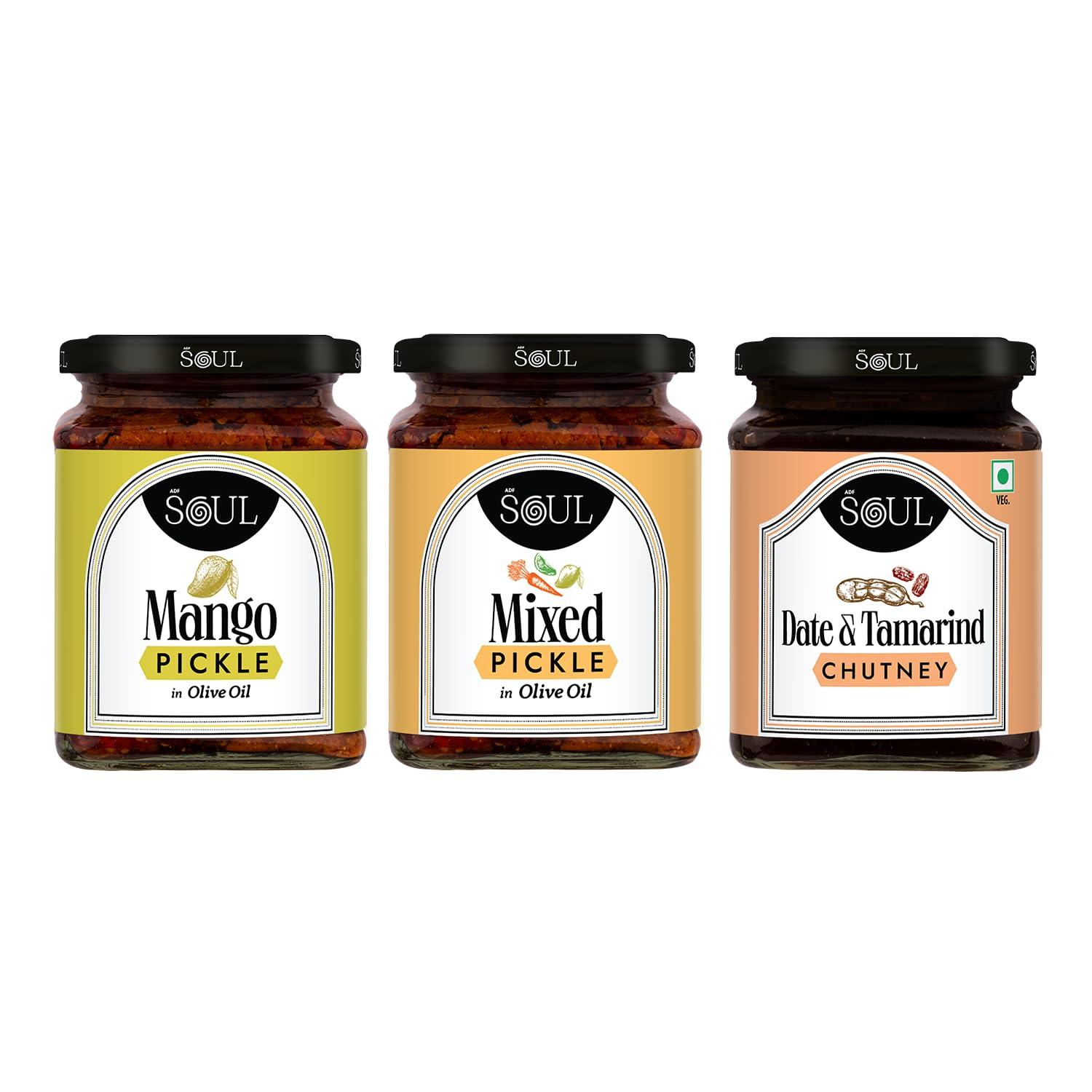 ADF Soul Soul Pickle In Olive Oil Combo Pack of 3 (Mango Pickle 275 GM + Mixed Pickle 275 Gm + Date and Tamarind Chhutney 325 GM)