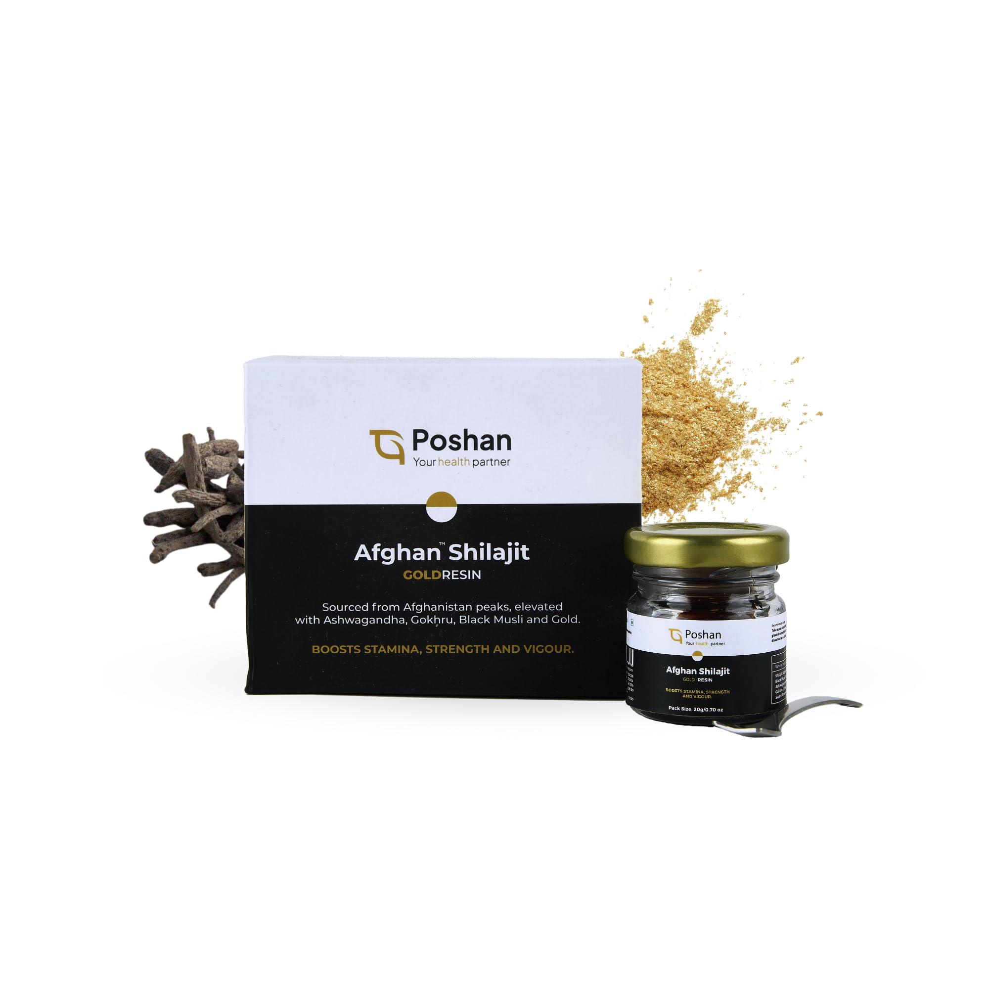 Poshan Health 100% Pure Afghan Shilajit Gold Resin | Increases Strength and Stamina | Muscle recovery and Nutrient absorption | Elevated with Ayurvedic herbs & Swarn bhasm | Sourced from the High Peaks of Afghanistan - 20g