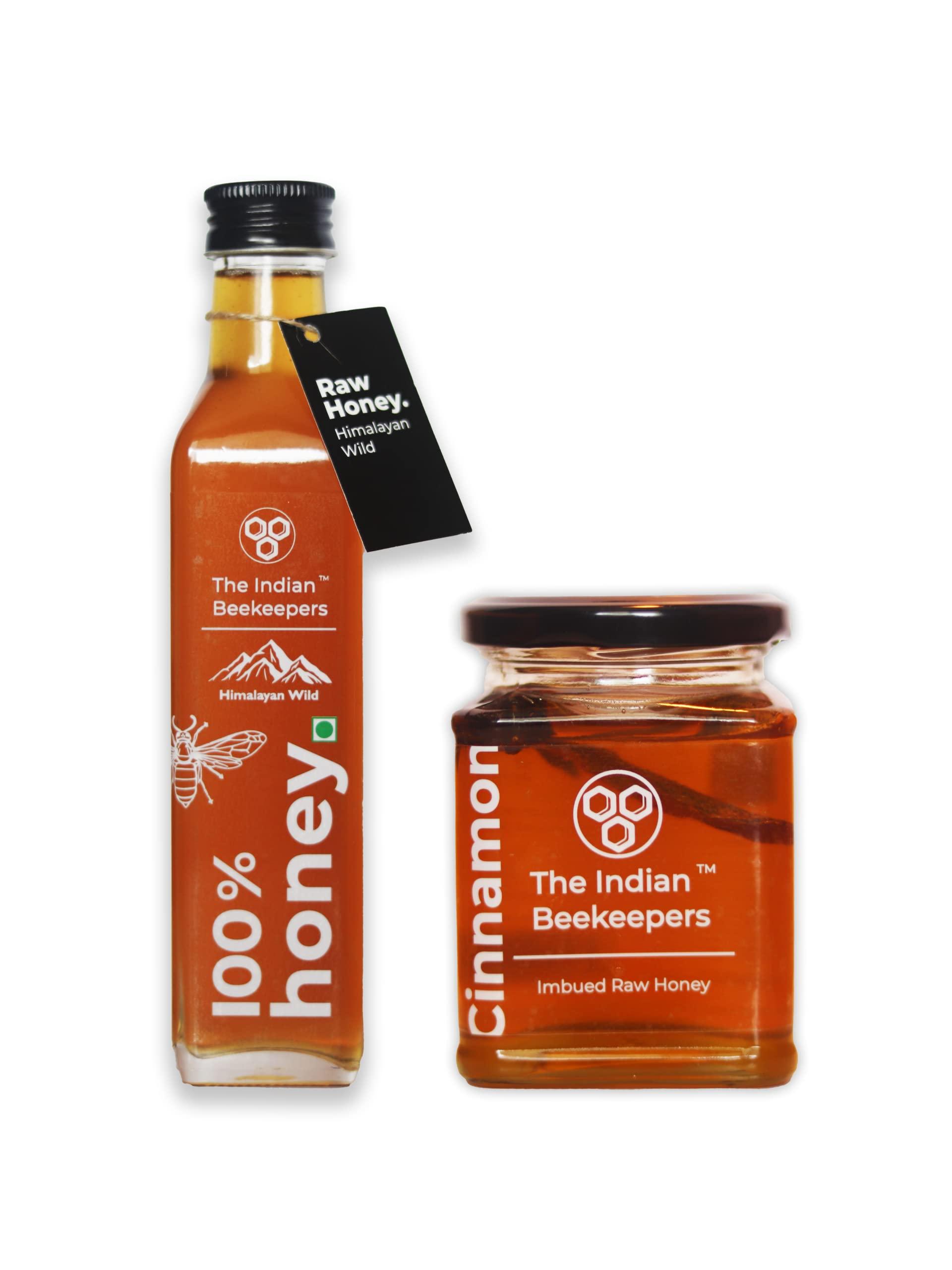 The Indian Beekeepers The Indian Beekeepers Combo Pack of 2 - Himalayan Wild Premium Organic Raw 100% Honey, 365 gm + Cinnamon Honey, Imbued Organic Raw Honey, No Added Sugar, No Preservatives, 300 gm