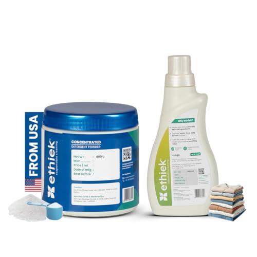ETHIEK Ethiek Concentrated Detergent Powder (400g) & Fabric Conditioner (0.5L), Natural & Organic Detergent with 3X Power for Tough Stains and After Wash Fabric Softener, For Top & Front Load Machine - Combo