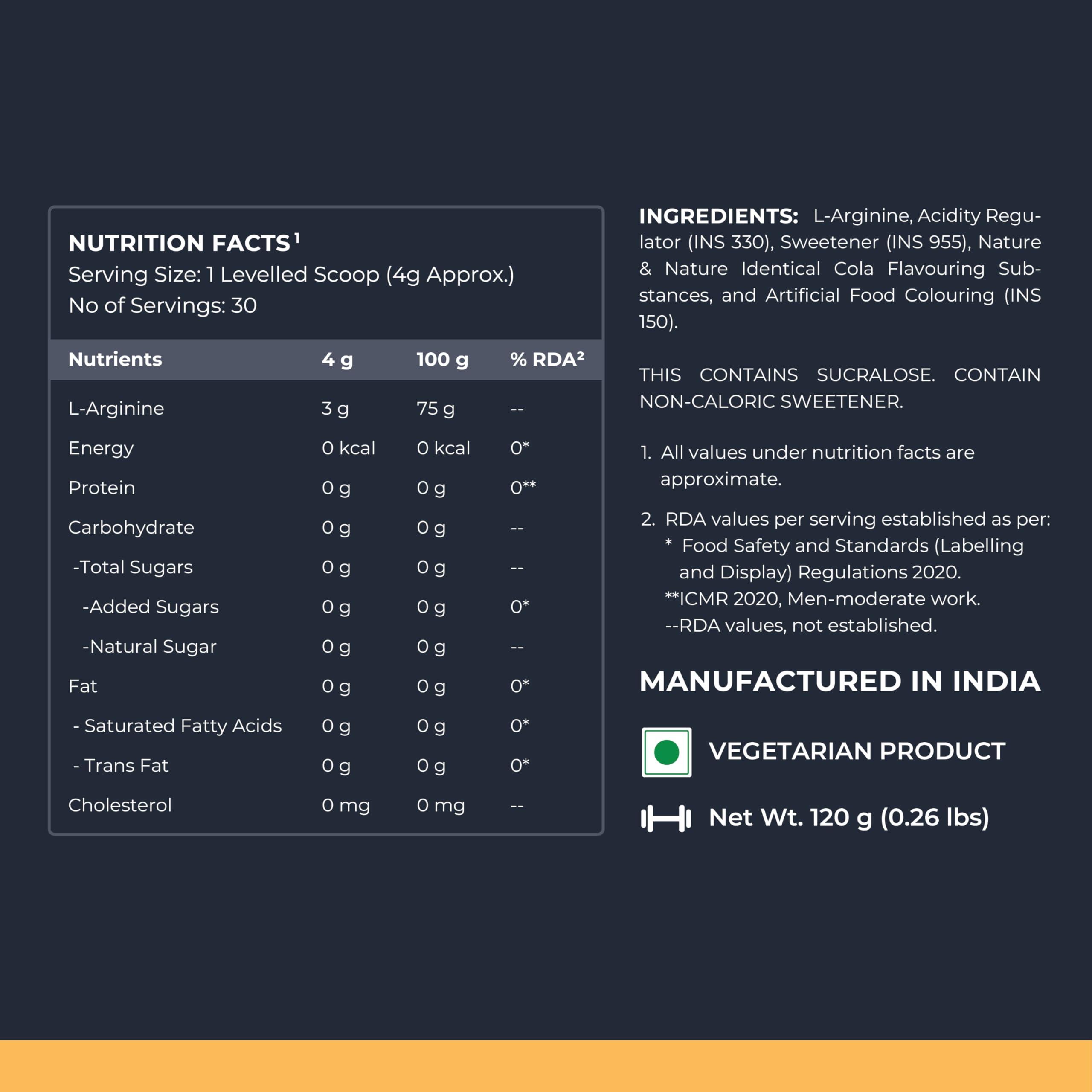 Nutrabay Nutrabay Gold L-Arginine Supplement Powder - 120g, Cola Flavor | Pre Workout Amino Acid for Endurance, Muscle Building & Faster Recovery