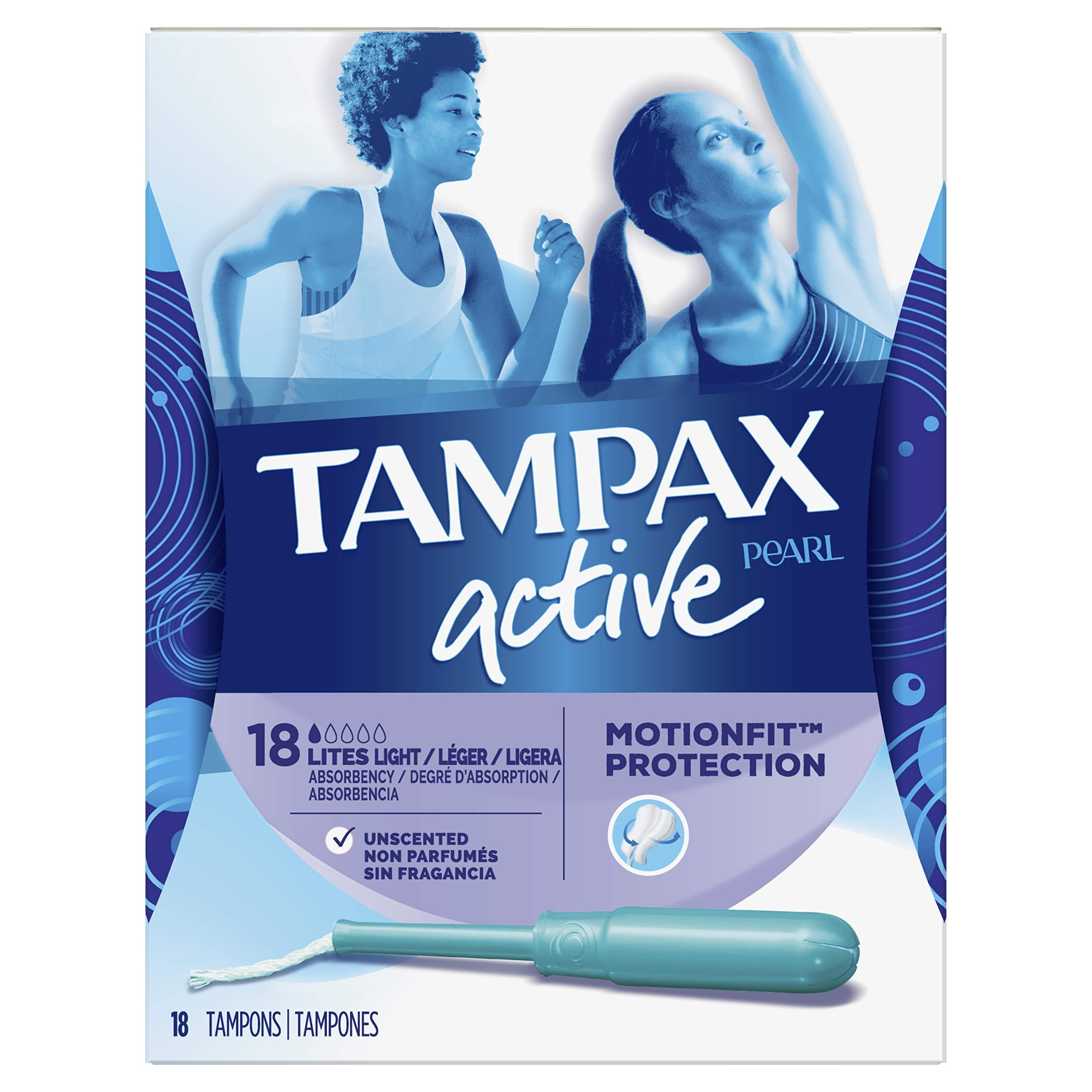 Tampax Tampax Pearl Active Plastic, Lites / Light Absorbency, Unscented Tampons, 18 Count