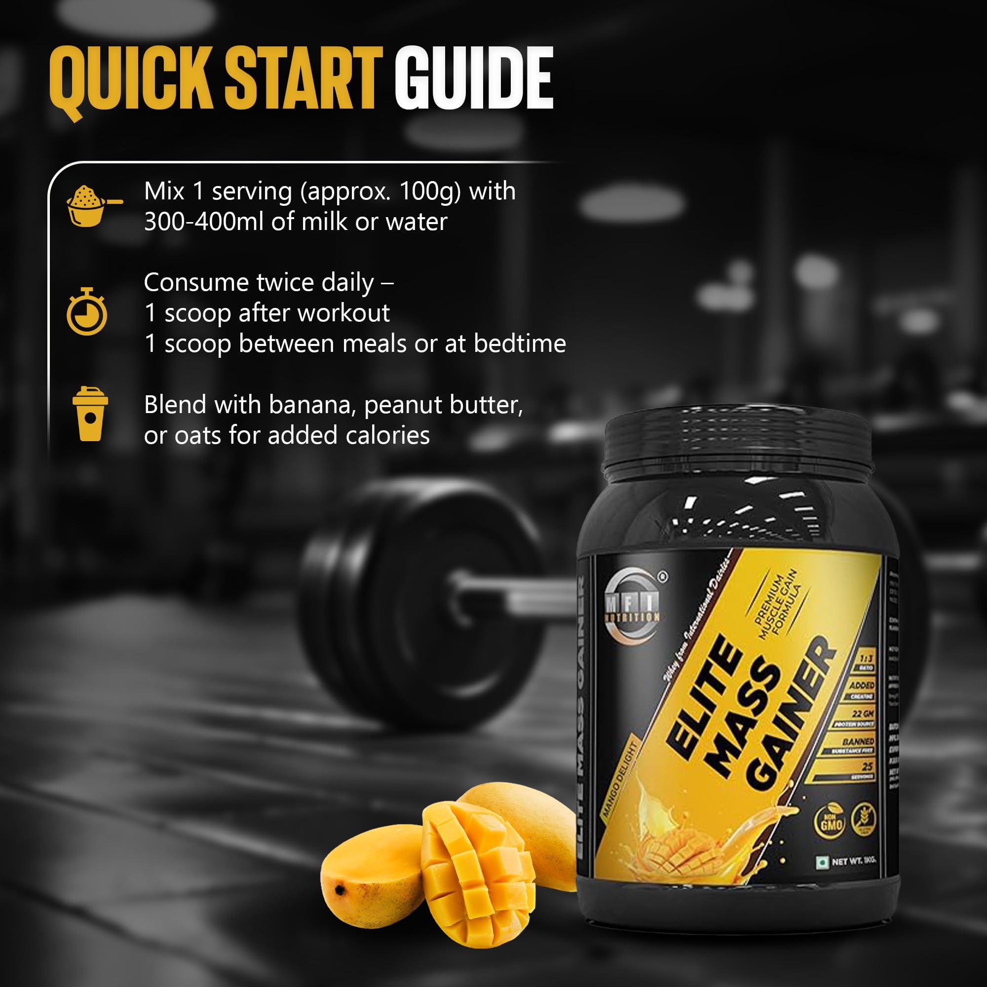 MFI NUTRITION MFI NUTRITION Elite Mass Gainer | 25 Servings | Ratio 1:3 Carbs to Protein | 22g Protein per Serving | Banned Substance Free | Ideal for Muscle Gain | Supports Recovery (1 KG, Mango Delight)