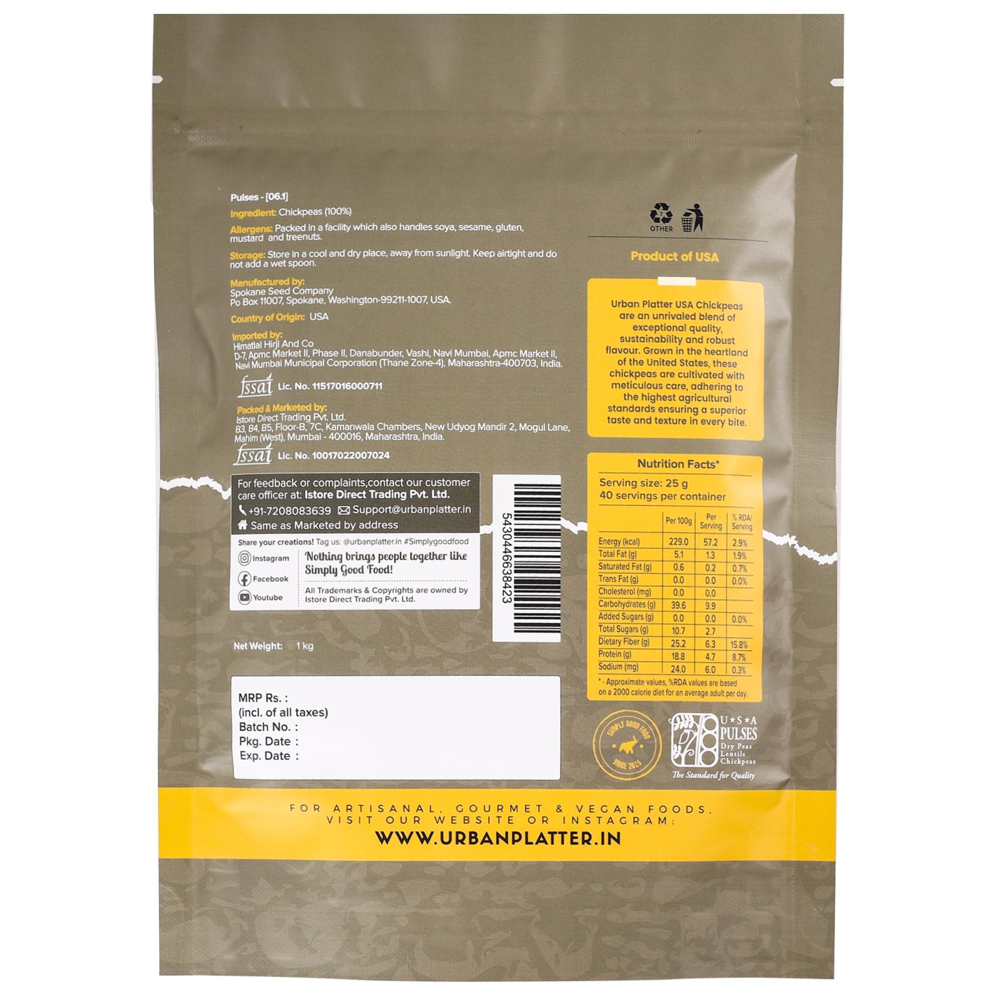 urban platter Urban Platter USA Chickpeas, 1kg (Kabuli Chana | Garbanzo Beans | High in Fibre & Protein)