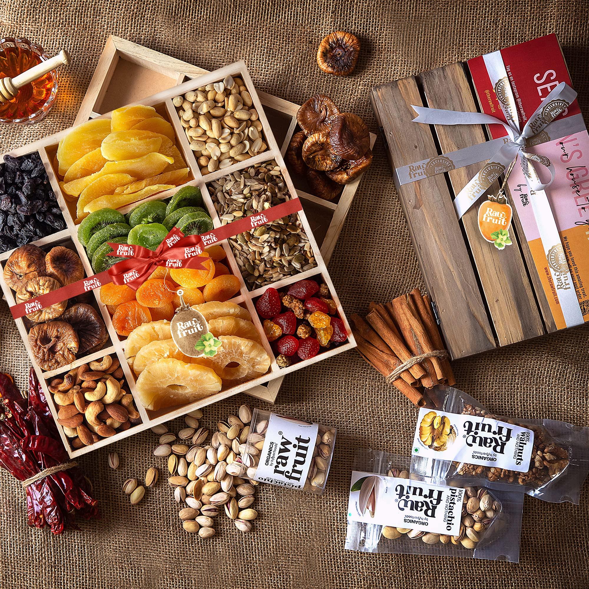 HYPERFOODS HyperFoods RawFruit Dry Fruit Gift Pack Tropical Fruits Wooden Gift Hamper| Dried Fruit Berries Nuts Dry Fruit Combo Pack | Wedding Shadi Marrige Newly Married Happily Gift Hampers for Him/Her