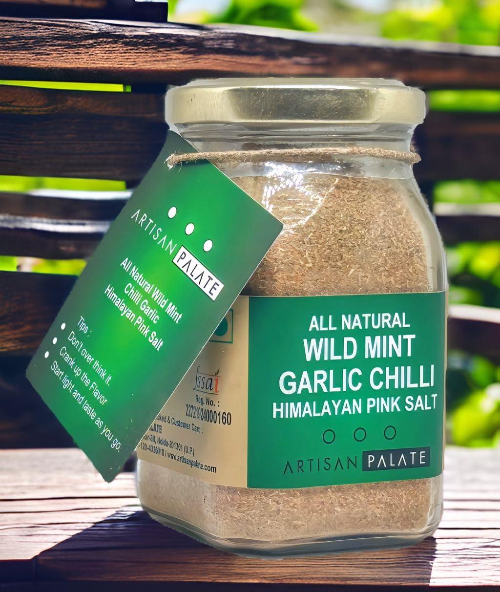 Artisan Palate Artisan Palate Wild Mint Chilli Garlic Himalayan Pink Salt Jar | All Natural | Seasoning for Dips, Fries, and Salad Dressings | 150 gms (Pack of 1)