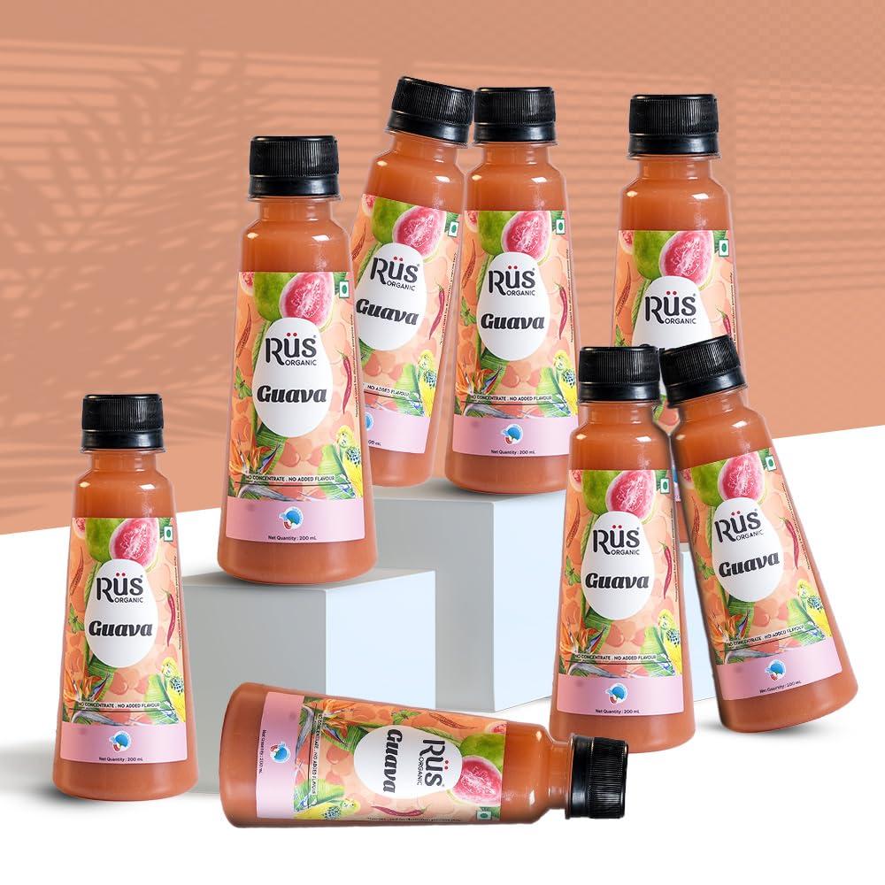 Rus Organic Rus Organic Guava Juice - Cold Pressed Juice - Pack of (8 x 200 ml) Bottle -Rich In Vitamin C - Natural Antioxidants | No Added Sugar, No Concentrate & No Flavors | 100% Pure Fruit Juice Pack