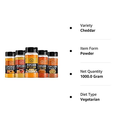 ARTHA NATURAL Artha Natural - Popcorn Seasoning Combo - Cheddar Cheese Seasoning, Butter Onion, Cheese Tomato, Popcorn Masala, Peri Peri Masala [For PopCorn Seasoning, Nachos, Sprinkle on French Fries] - 200g each (1000g)