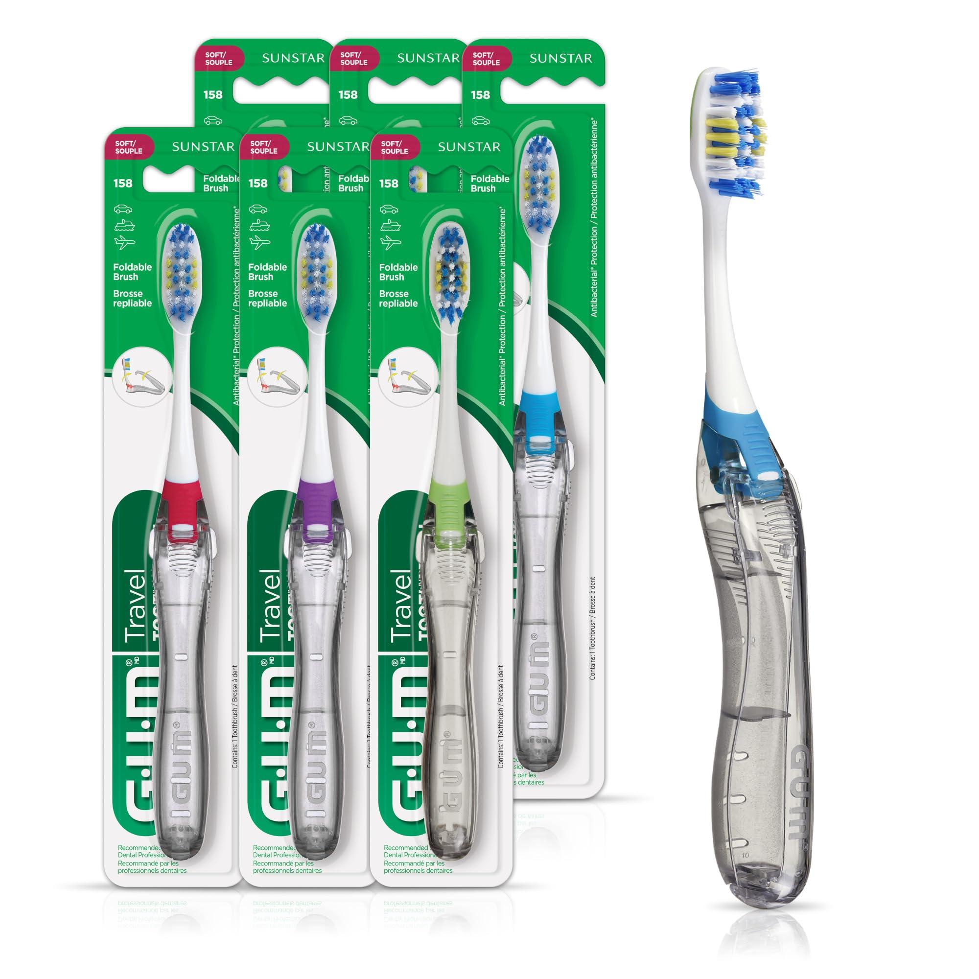 Gum GUM Folding Travel Toothbrush with Antibacterial Soft Bristles (Pack of 6)