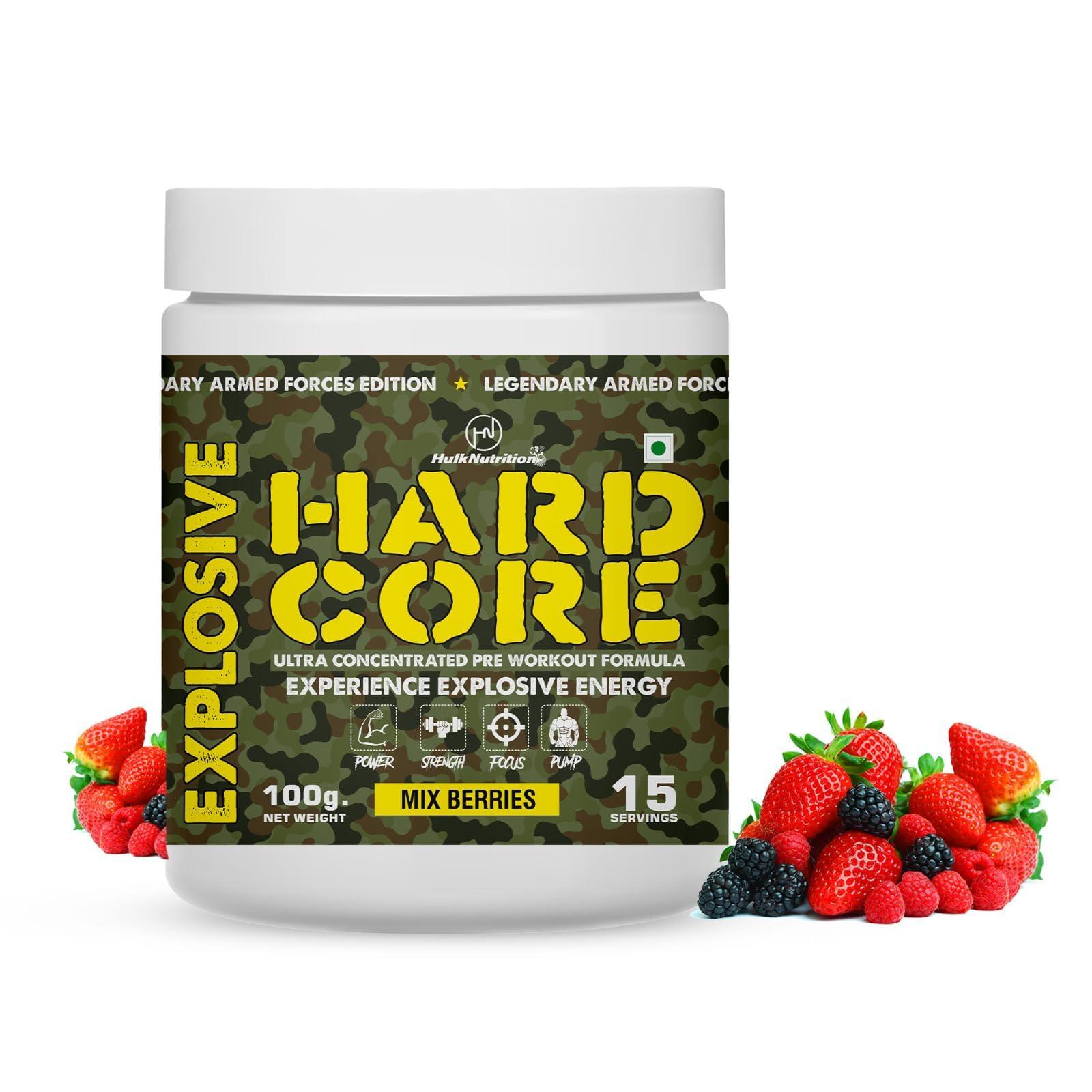 HulkNutrition Hulk Nutrition Hardcore Pre-Workout Supplement, Energy Drink with Creatine Monohydrate, Arginine AAKG, Beta-Alanine, Explosive Muscle Pump, Caffeinated Punch - For Men & Women [15 Servings, Mix Berries] Free Gallon Shaker Bottle