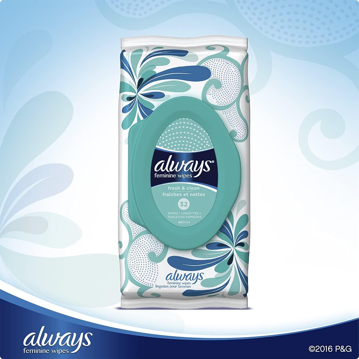Always Always Feminine Wipes, Fresh & Clean, 32 Wipes (Pack of 2)