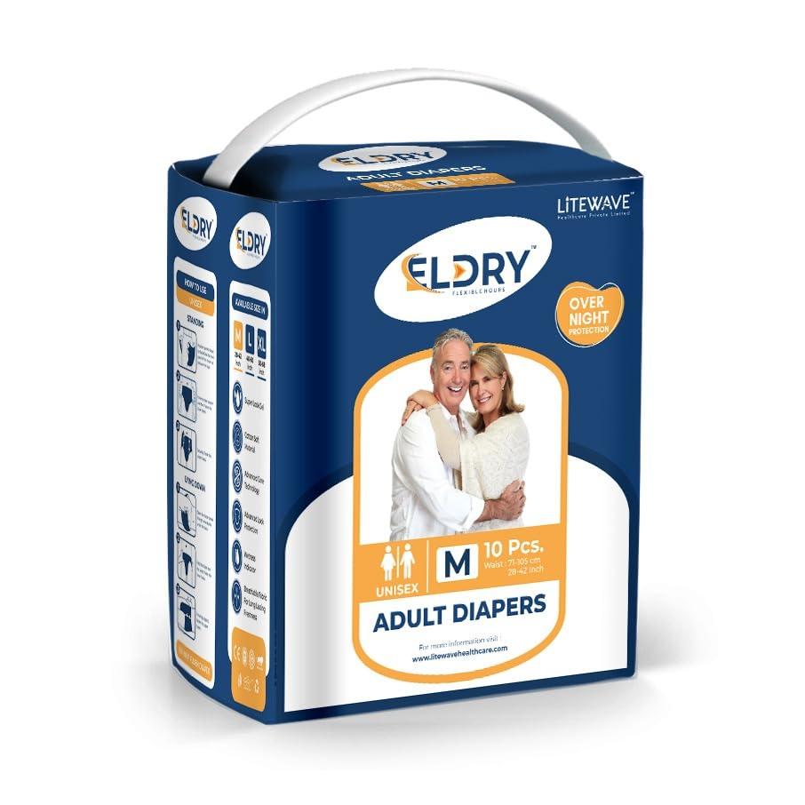ELDRY Eldry Adult Diaper, Tape Style, Medium (M) Size, 10 Count, Unisex, Waist Size (40-60 inches | 102-152 cm), Super Absorbent Core, Wetness Indicator, Overnight Protection, Pack of 1
