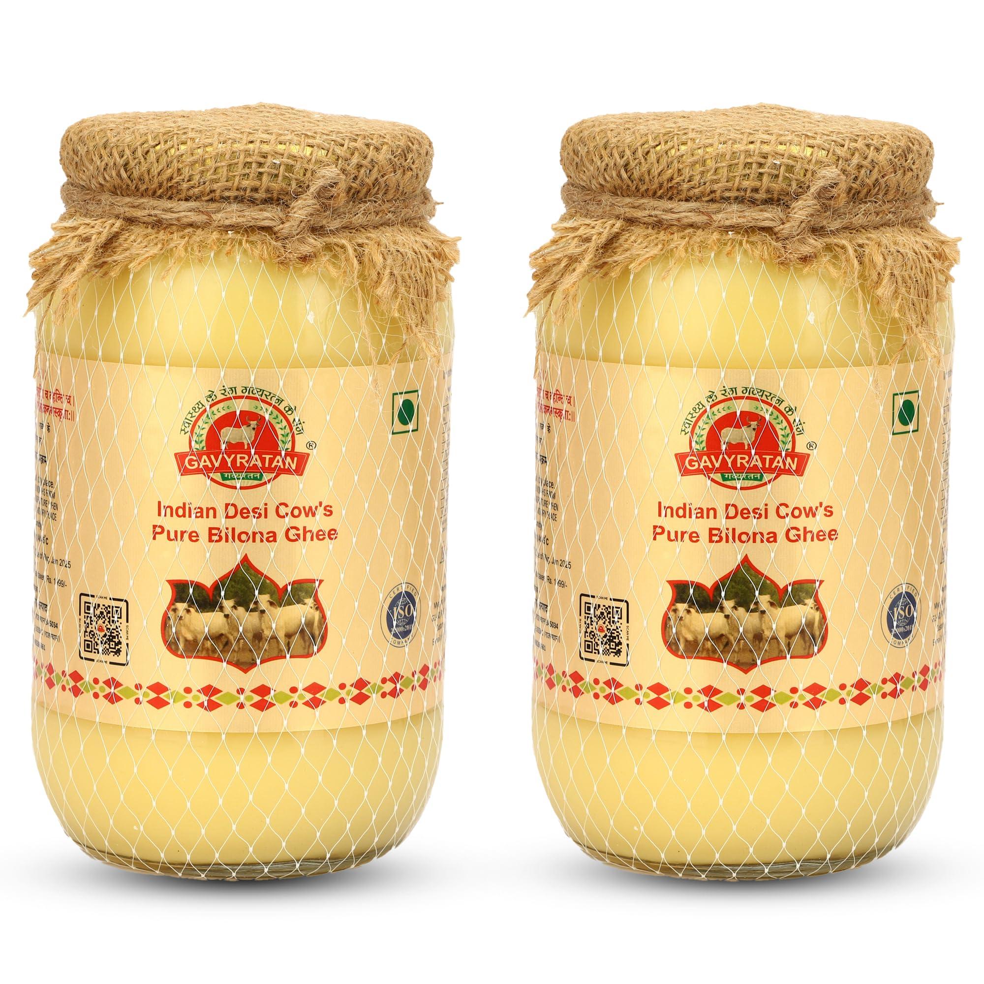 GAVYRATAN GAVYRATAN 100% Pure Tharparkar A2 Cow Ghee: Made Using Traditional Bilona Method in Glass Jar - Non GMO and Organic (Pack of 2)