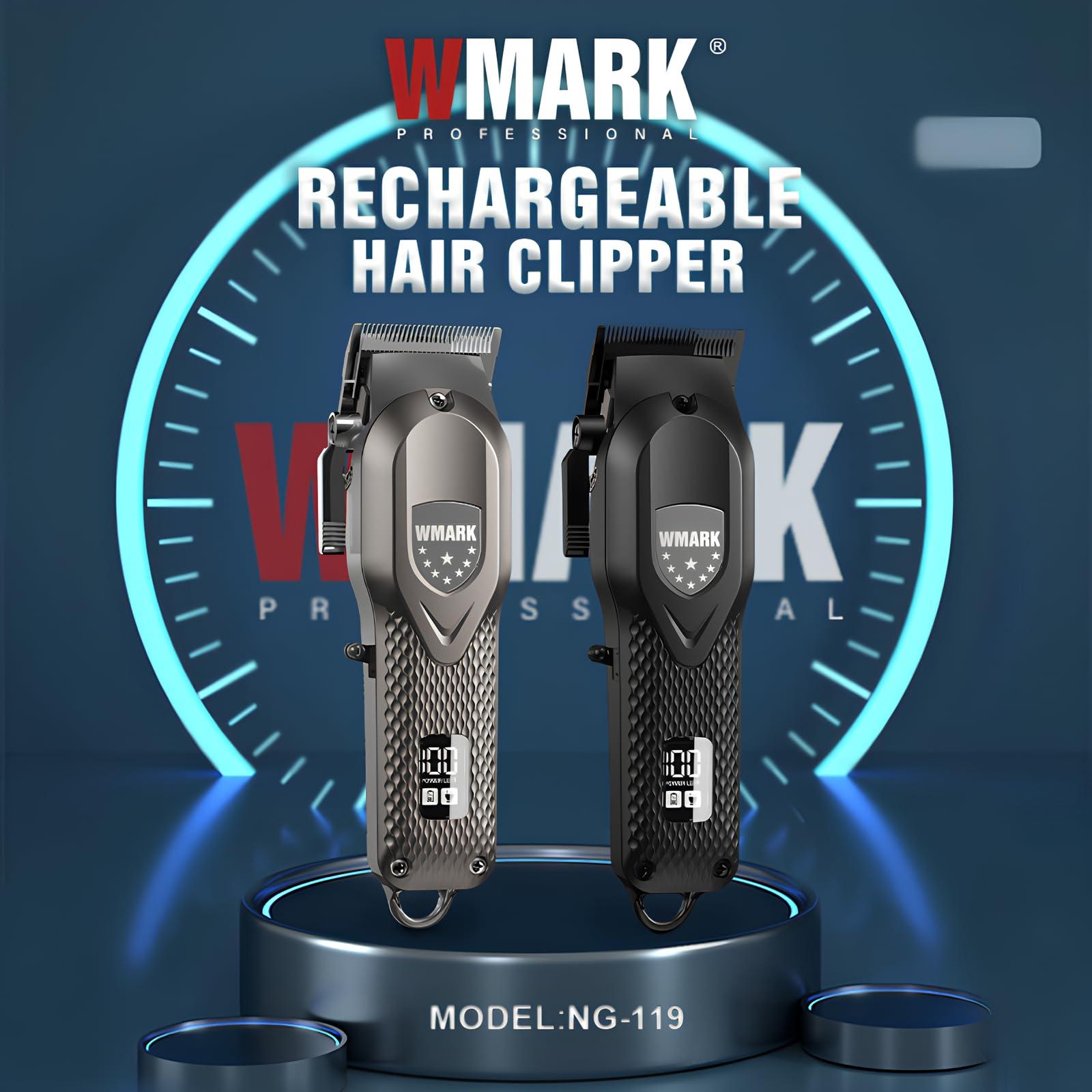 WMARK WMARK NG-119 Professional Zero Gap Hair Trimmer Digital Display Self Sharpening Blade 7000 RPM Magnetic Motor USB Charging 4 Guide Comb Runtime 240 Min 2000 Mah Li-Ion Battery, Silver,Men