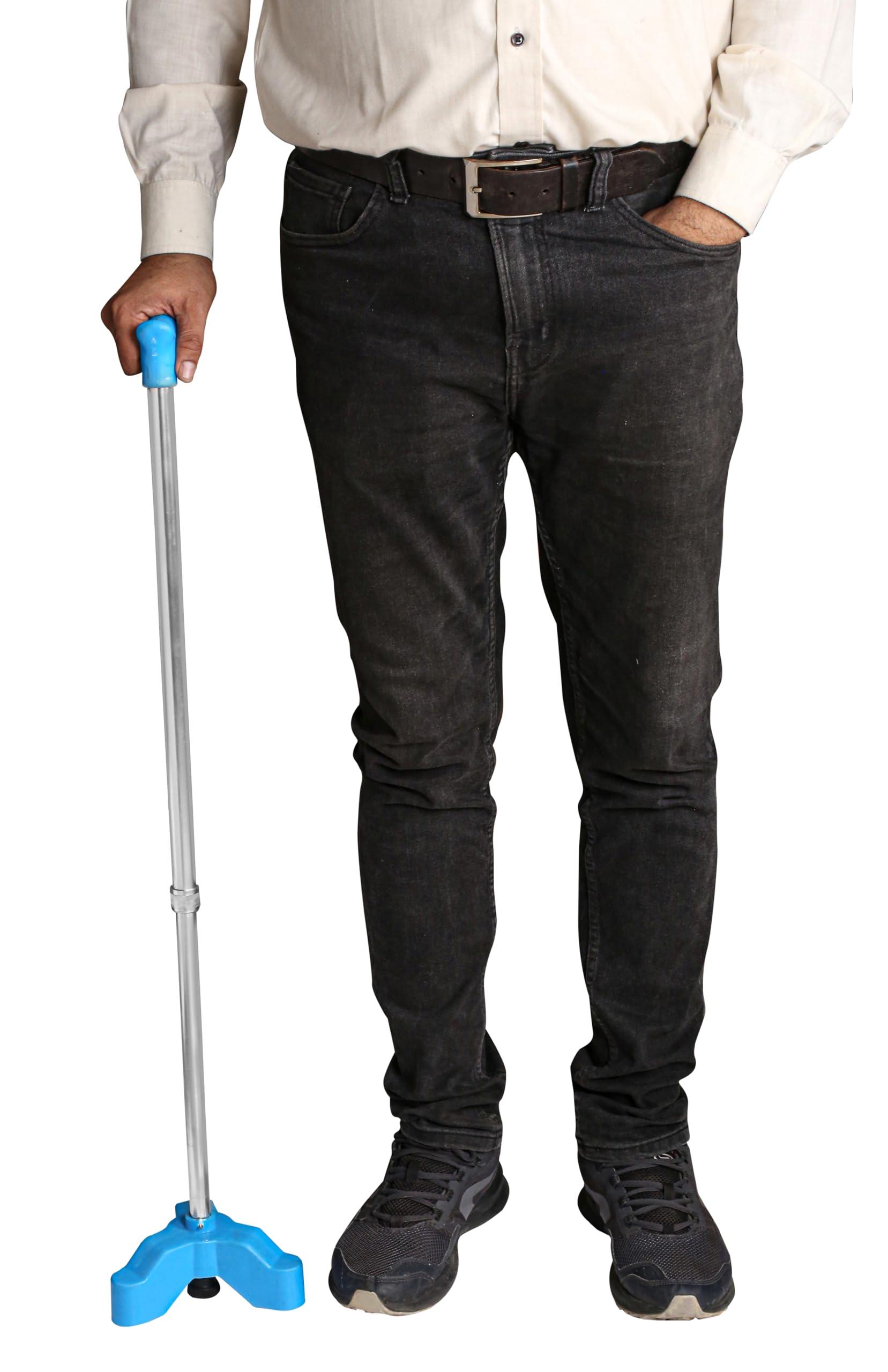 PHYSIQO PHYSIQO Quadripod ALUMINIUM Men/Women/Old People Walking Stick | For Elderly & those Physically Challenged |Lightweight | Height Adjustable walking stick with 3 Legs - Universal (Blue/Silver)