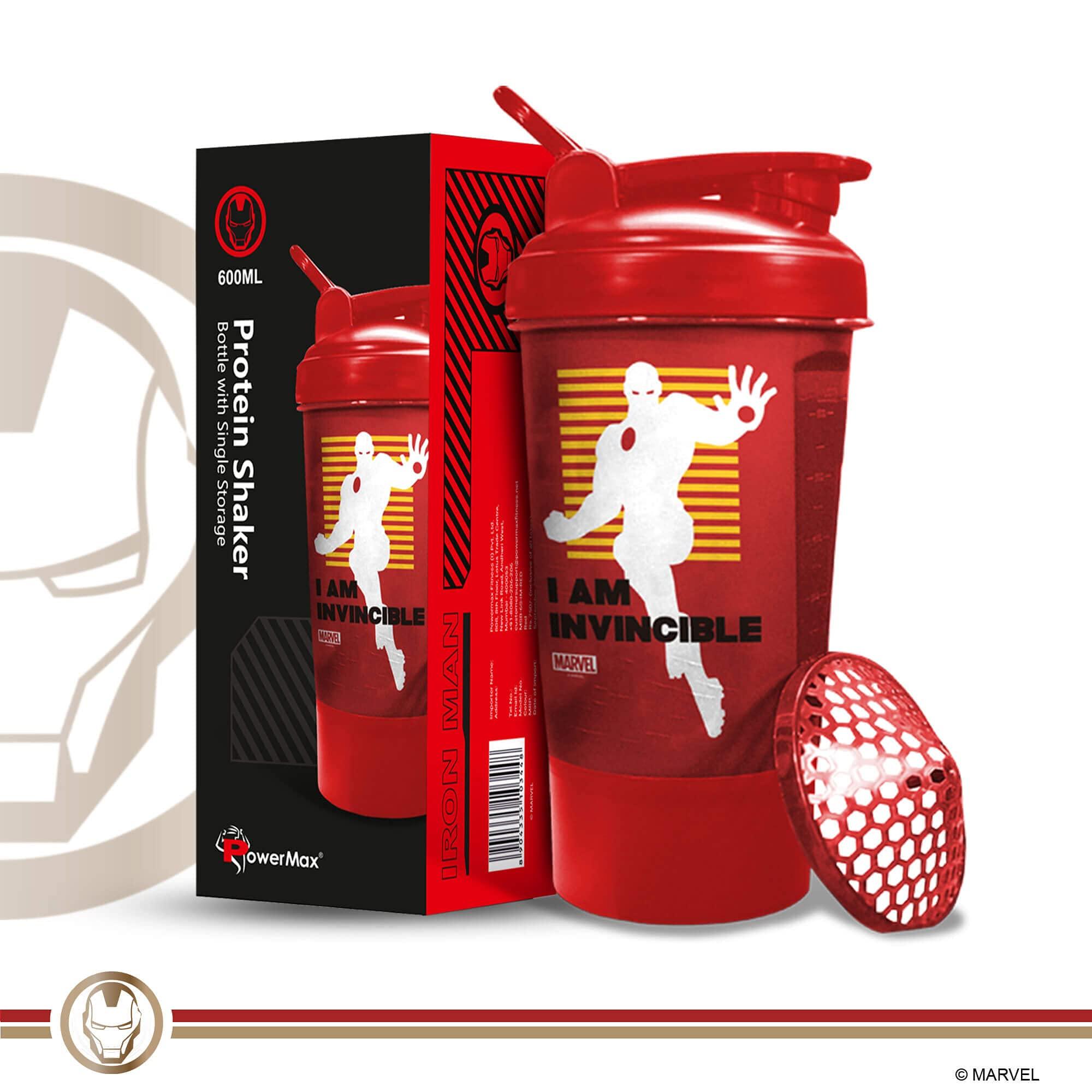 PowerMax Fitness PowerMax Fitness X Marvel MSB-6S Iron Man Marvel Edition Shaker Bottle 600ml, 100% Leakproof Guarantee Sipper Bottle Ideal for Protein, Pre-Workout & BCAAS, BPA Free, Plastic (Red, Pack of 1)