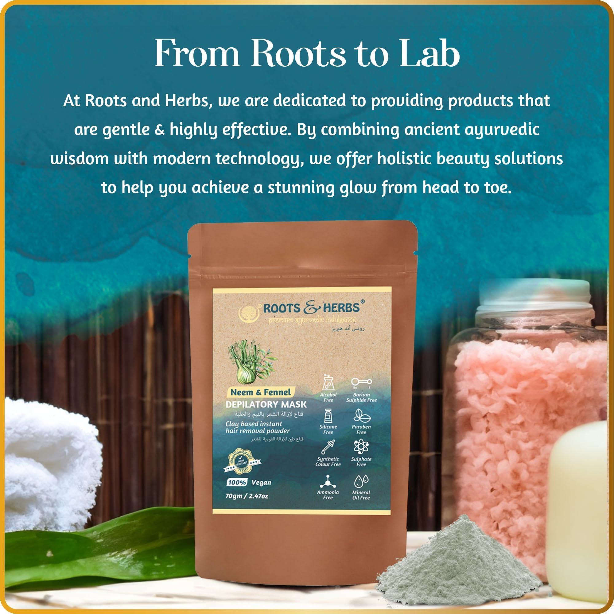 ROOTS AND HERBS ROOTS AND HERBS Vegan Hair Removal - Neem and Fennel Depilatory Mask - Men and Women's Facial Hair Removal for sensitive skin, Organic Hair remover, Pubic, Bikini, Leg Mask, Powder Waxing (2.47 Ounce)