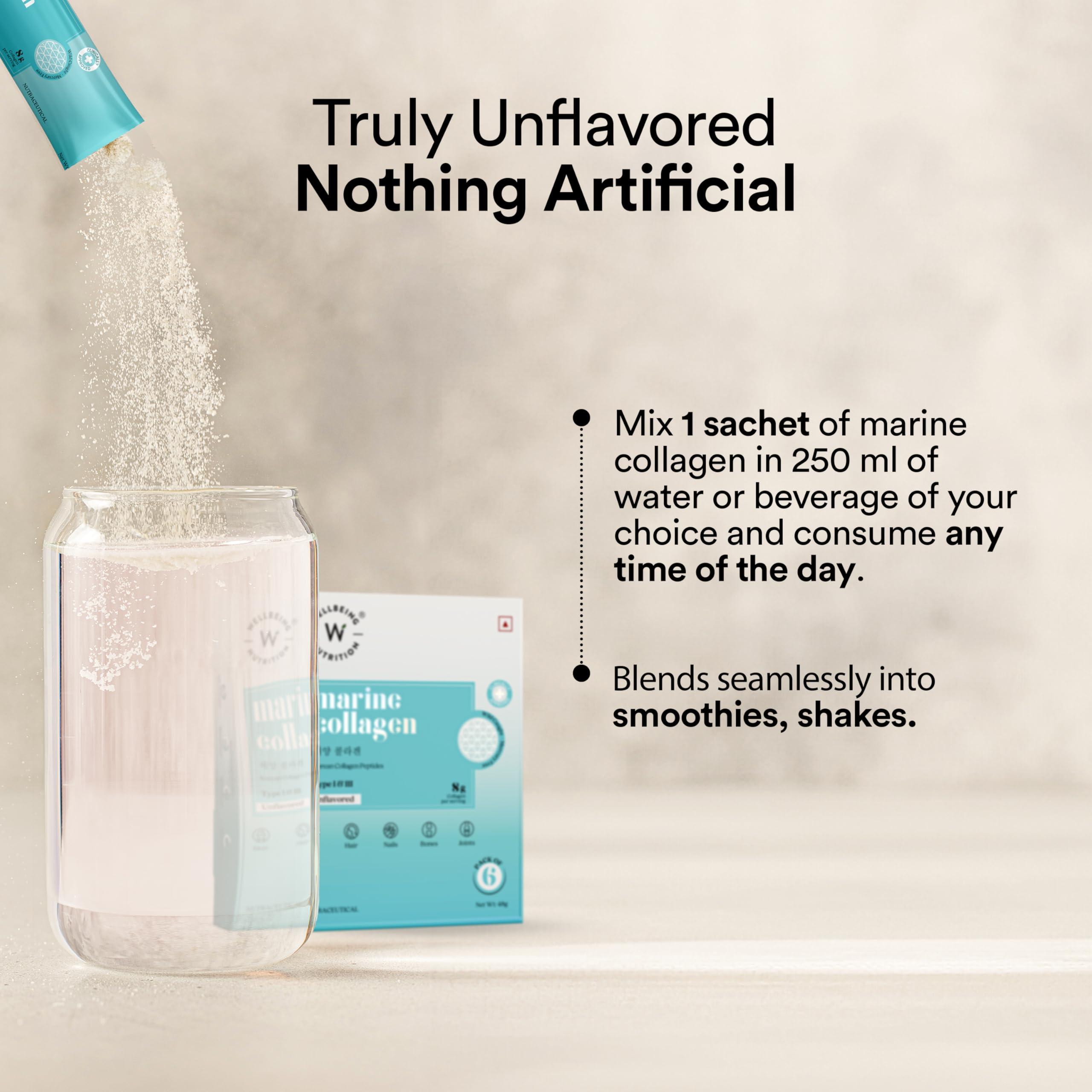 WELLBEING NUTRITION Wellbeing Nutrition Pure Korean Marine Collagen Supplements for Women & Men|Clinically Proven Type 1 & 3 Hydrolyzed Peptides|For Anti-Aging,Radiant Skin & Hair Growth|Unflavored - 6 Sachets, 48 grams