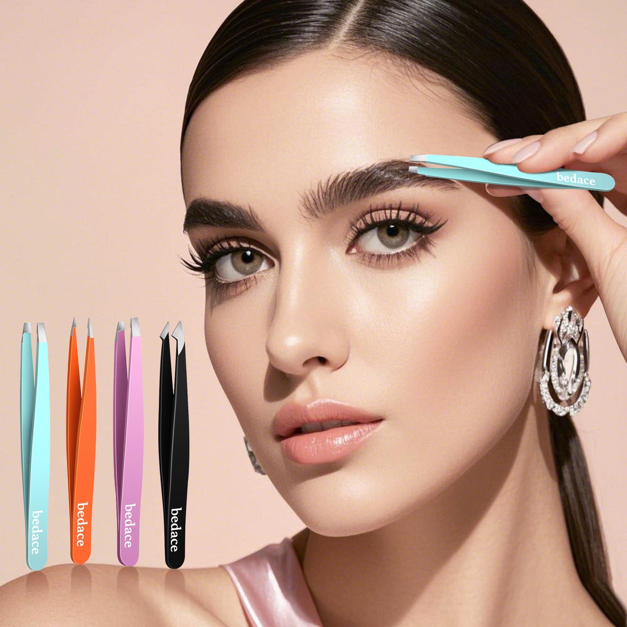 bedace Tweezers For Women,bedace christmas gifts 4 Pack Precision Tweezers For Eyebrows,Professional Slant Tip Tweezer Set For Ingrown Hair, Plucking Daily Beauty Tool with Leather Travel Case
