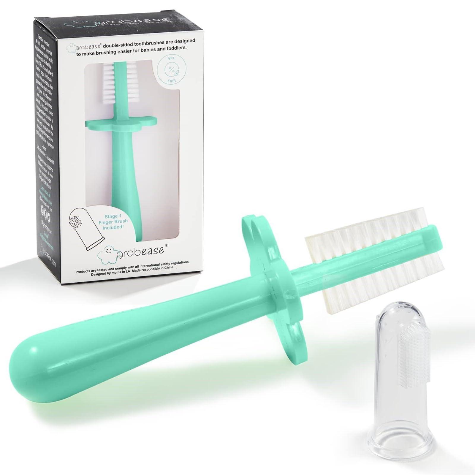 grabease Grabease Double Sided Toothbrush Baby Toothbrush for 6 Months to 4 Years Old with Soft Bristles BPA-Free Toddler Toothbrush with Anti-Choke Guard Includes Free Finger Brush, Grey